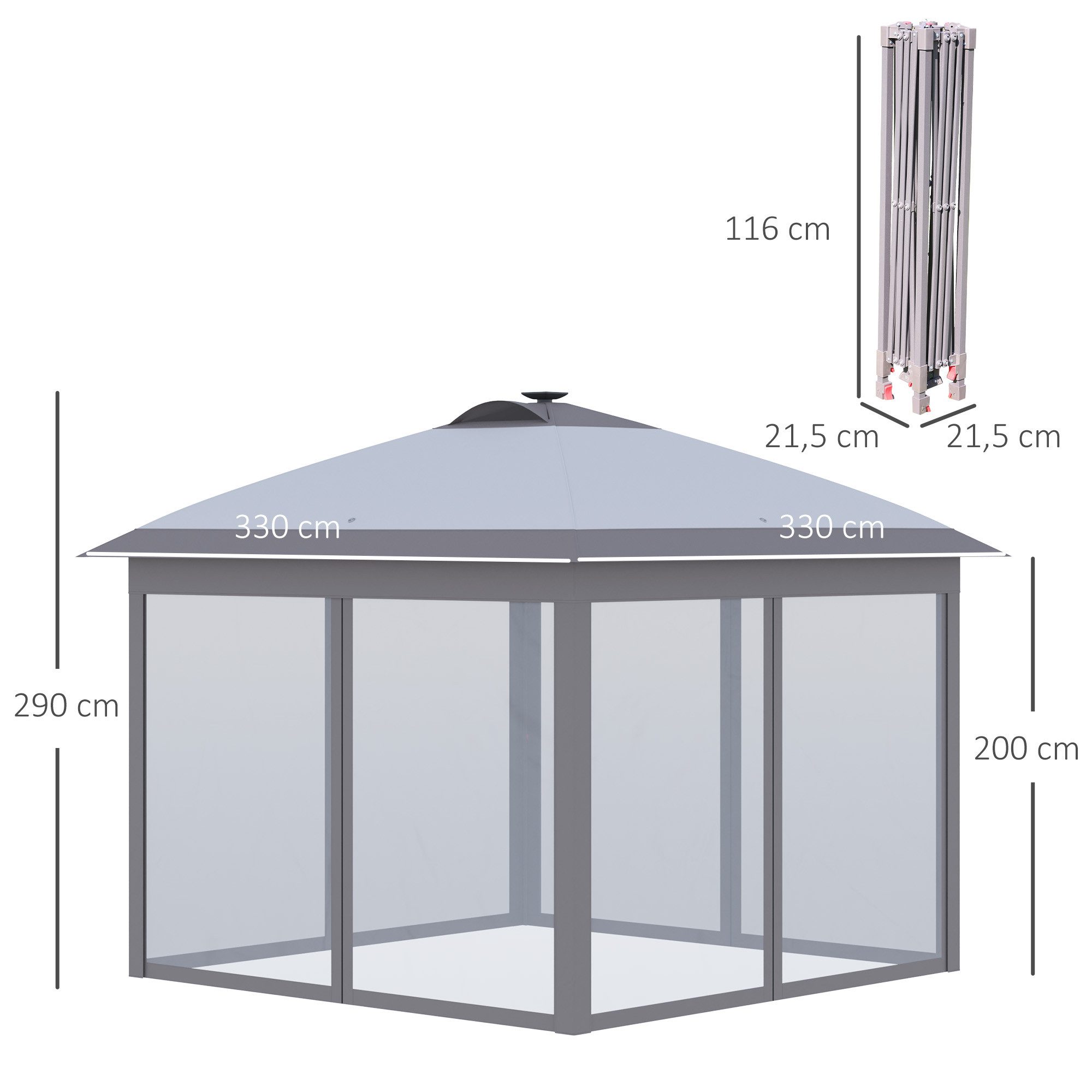Outsunny Faltpavillon Pavillon 3,3 x 3,3 m Partyzelt mit LED, USB-Ladeanschluss, mit 4 Seitenteilen, (Pop-Up-Pavillon, Gartenpavillon), mit Sonnenschutz inkl. Tasche Oxford Grau