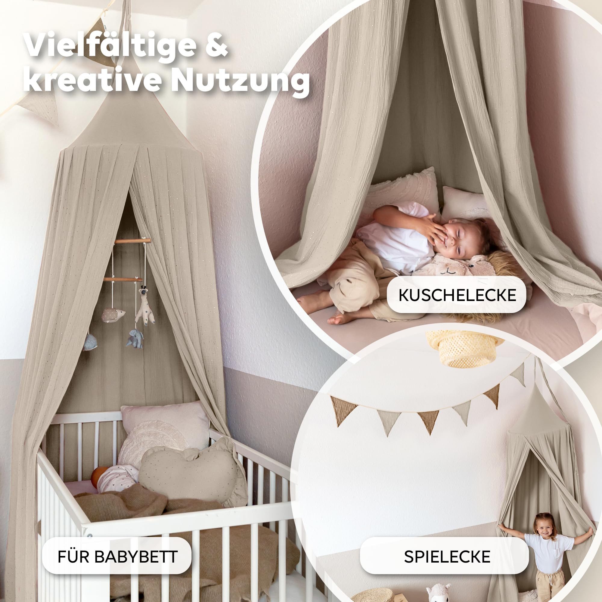 lilimaus Betthimmel Baldachin Gold aus Musselin - großer Himmel für Kuschelecke (1-tlg), großer Baldachin mit Gold-Details - für Bett, Kuschelecke & Leseplatz