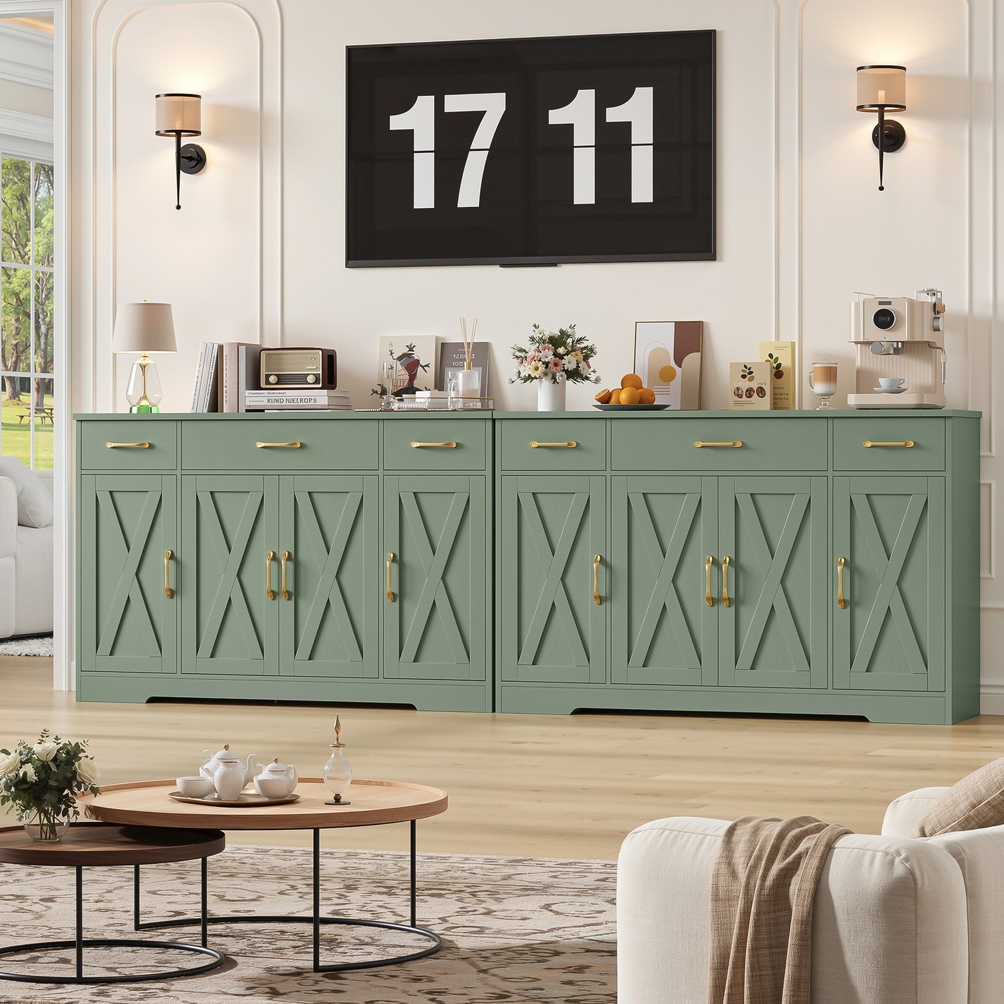 HOMECHO Sideboard, 140cm Breite Küchenschrank 3 Schubladen 4 Türen, Verstellbaren Regalen