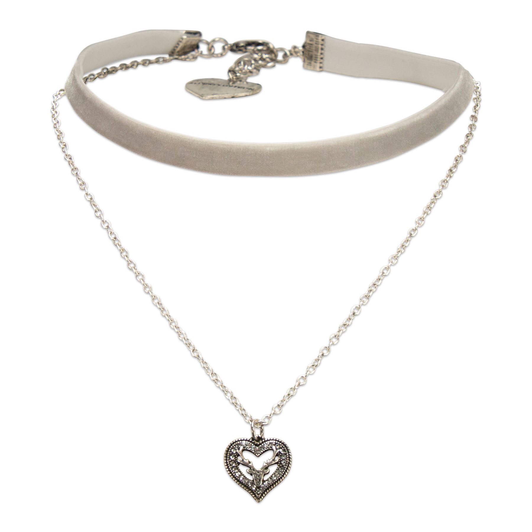 Alpenflüstern Choker Trachten-Samt-Kropfband Strassherz-Hirsch-Kette (grau), - nostalgische Trachtenkette enganliegend, Kropfkette elastisch, Damen