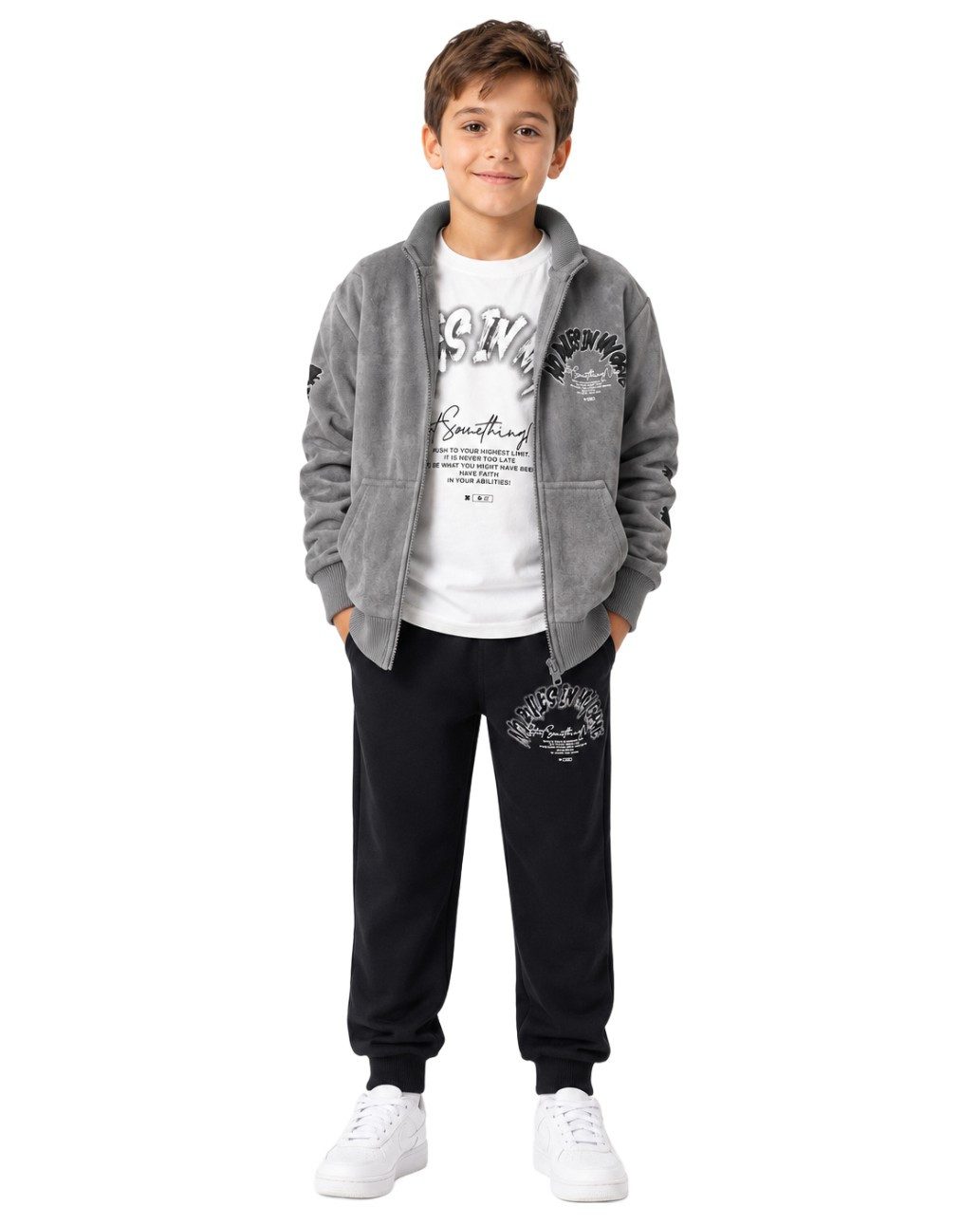 Fashion Boy Sweatanzug 3-tlg Set mit gefütterter Jacke, Langarmshirt & Jogginghose JF0498 (Set, Jacke, Langarmshirt & Jogginghose)