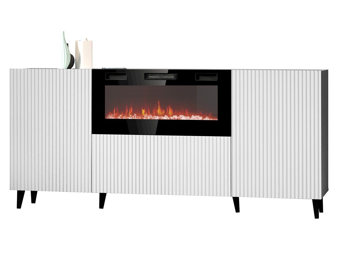 MIRJAN24 Kommode Pafos 180 mit Elektrischem Kamin (mit zwei Drehtüren), Realistische LED-Flamme, Deko-Kristallen