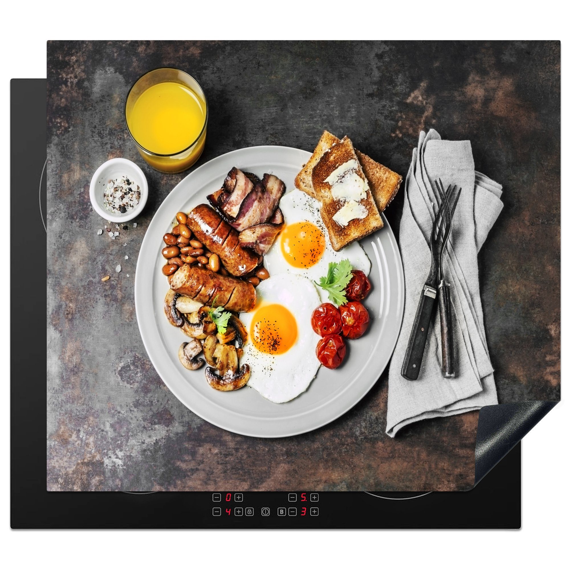 MuchoWow Herdblende-/Abdeckplatte English Breakfast auf grauem Teller, Vinyl, (1 tlg), 60x52 cm, Mobile Arbeitsfläche nutzbar, Ceranfeldabdeckung