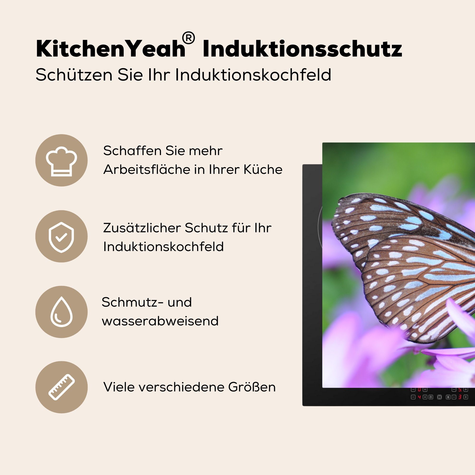 MuchoWow Herdblende-/Abdeckplatte Vinyl, Blume 81x52 für Ceranfeldabdeckung - - Schmetterling (1 Pflanzen, cm, tlg), die küche, Schutz Induktionskochfeld