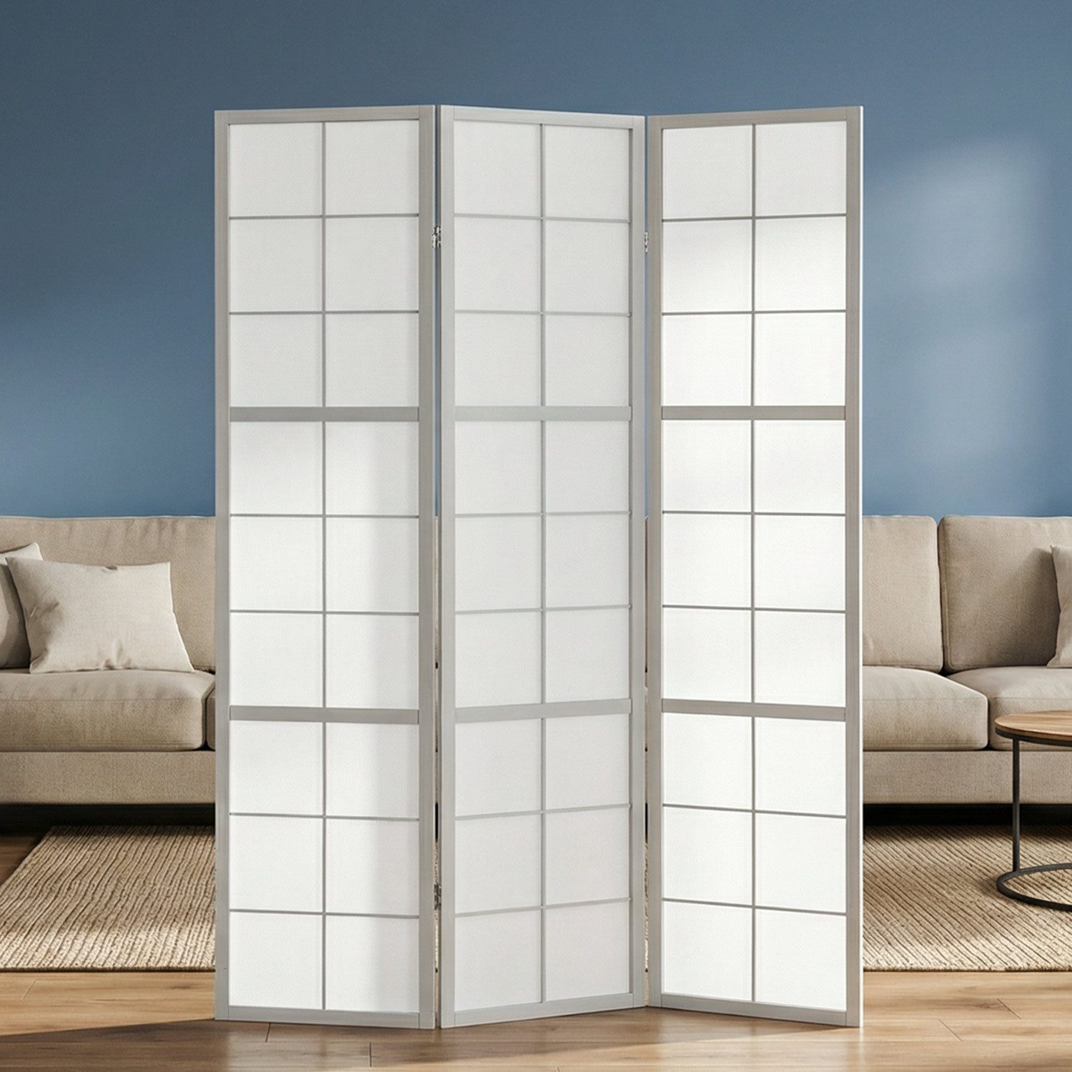 Homestyle4u Paravent Raumteiler 3-6 teilig Shoji Holz Grau Trennwand Sichtschutz (3-teilig), faltbar