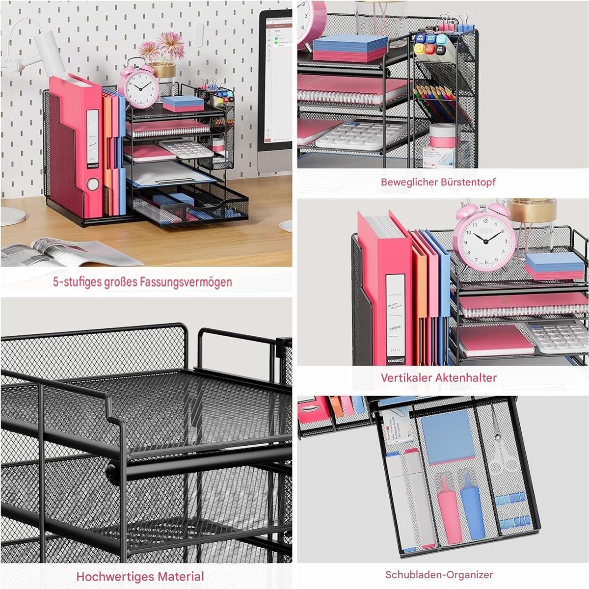 SURFOU Organizer Schreibtisch Organizer ZubehörStiftehalter Bürobedarf Briefablage (Büro organizer, Büro Gadgets, Stehsammler Dokumentenablage, Briefablage, Schreibtisch Organizer mit Aktenhalter, 5 Tier Briefablage Ablagefächer mit Schublade,1 Stifthalter, Netz Schreibtisch Ablage, 1 St., Zeitschriftenhalter für Büro Bedarf Dokumentenablage(Schwarz), Platzsparend und einfach zu installieren