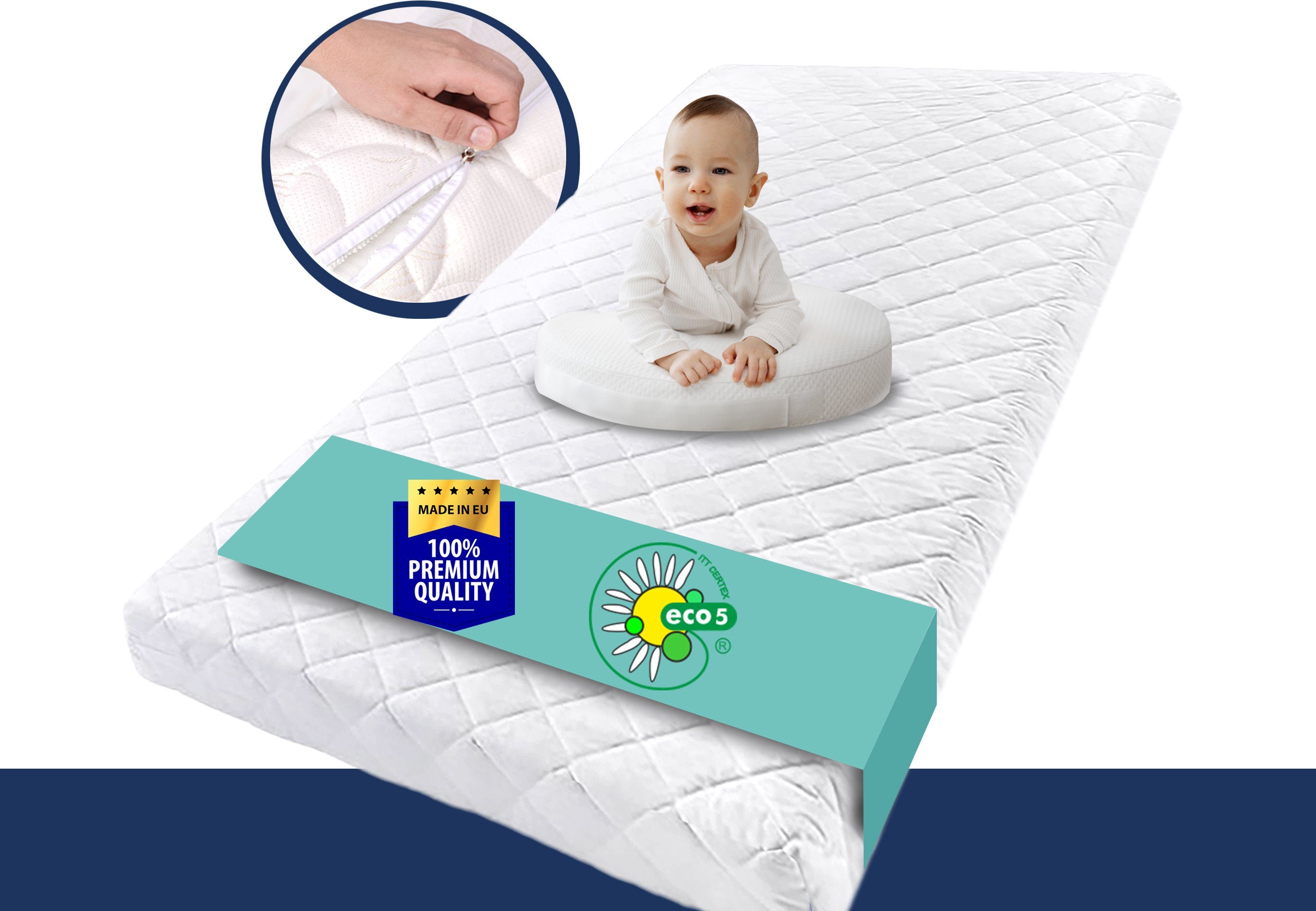 Kindermatratze mit waschbarem Bezug 60x120 70x140 80x160 80x180 90x200, Kids Collective, 10 cm hoch, optional mit Spannbettlaken aus 100% Baumwolle, Wendematratze