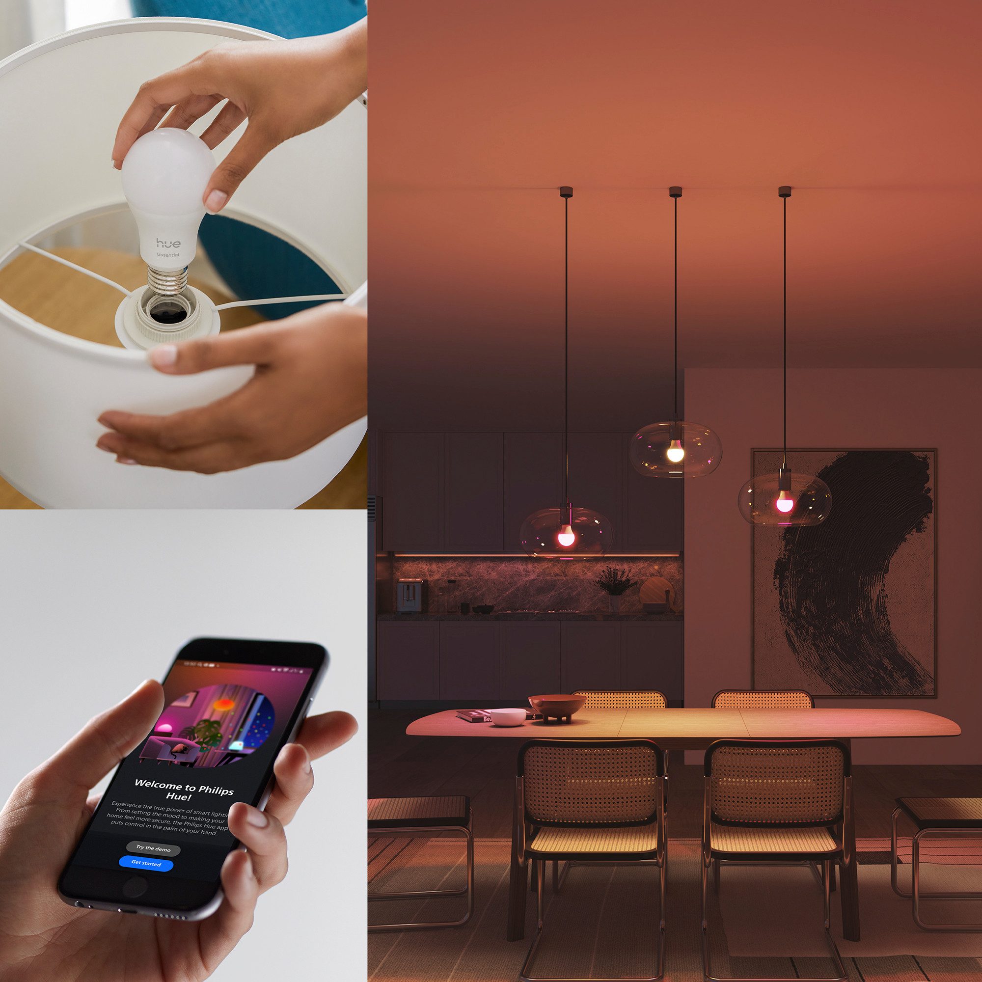 Philips Hue LED-Leuchtmittel Essential White & Color Ambiance smarte Lampe, E27, 3 St., Farbwechsler, 3er Set, dimmbar, RGB, warmweiß - kaltweiß, 806 Lumen, 2200 - 6500 K