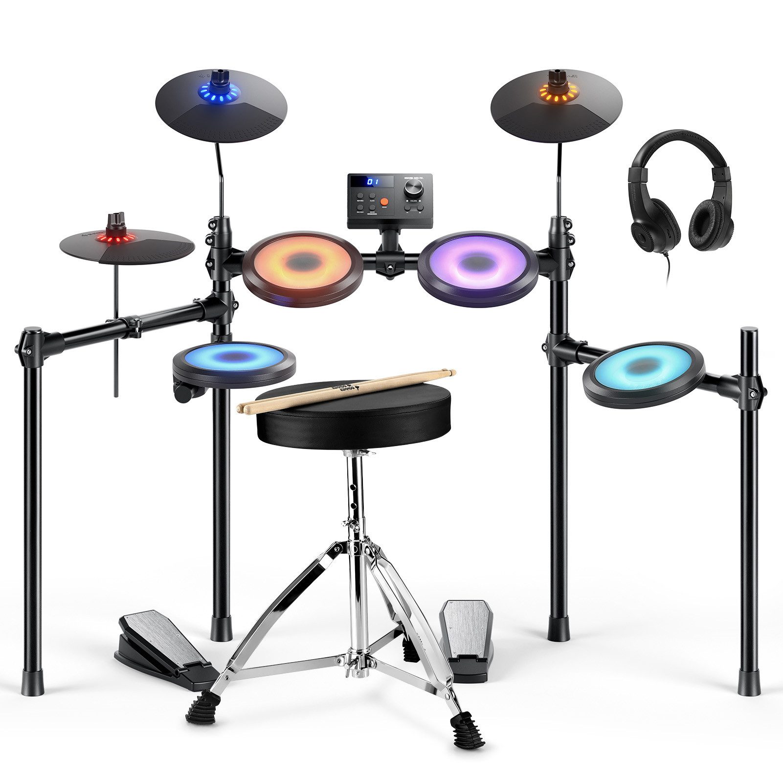 Donner E-Drum DED-70 Upgraded E-Drum Kit 150 Töne 15 Schlagzeug-Kits+ Unterricht,Komplettset, Sitzhocker, Kopfhörer, Integrierte Effekte, Leichtgewichtig, Programmierbar, Wetterbeständig