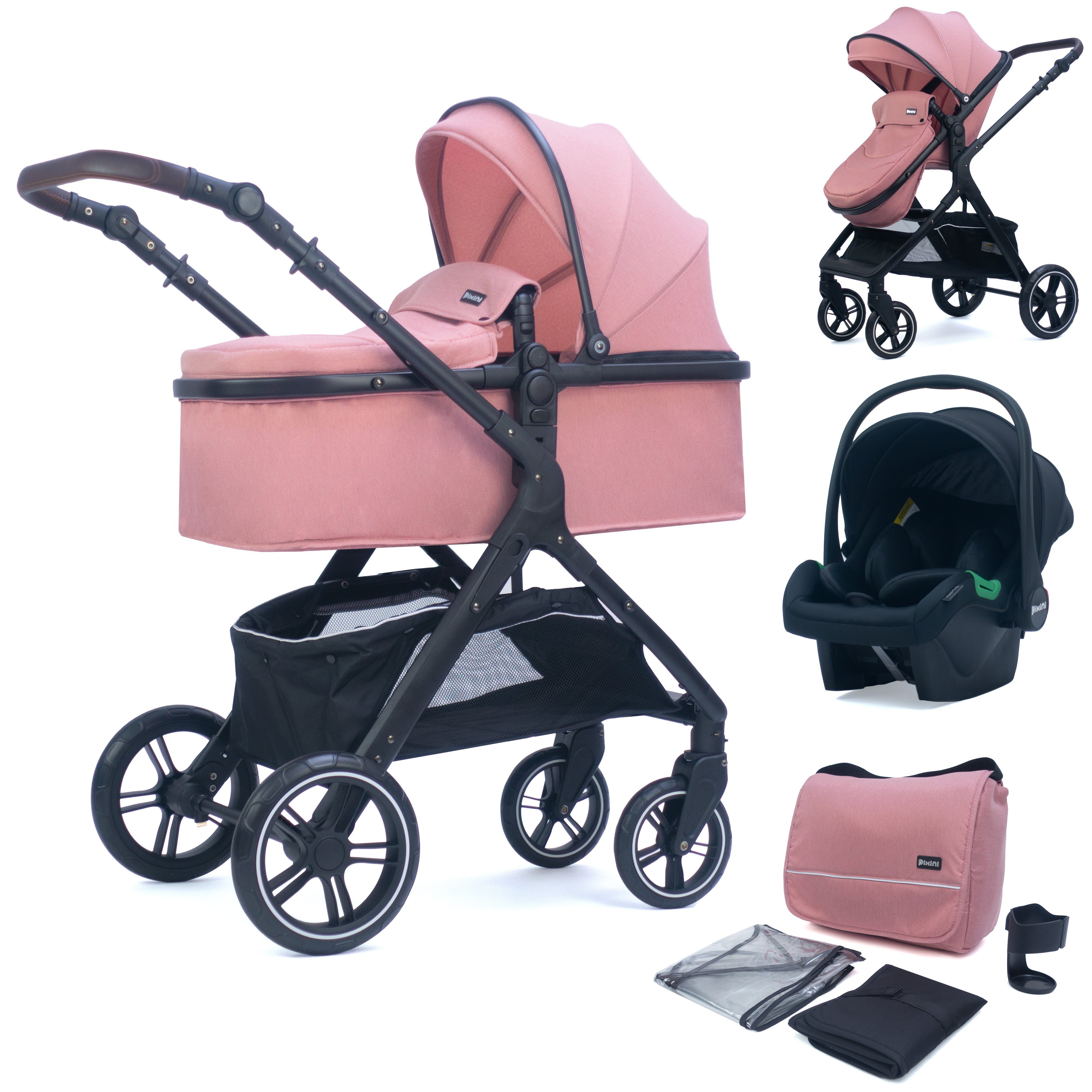 TPFLiving Kombi-Kinderwagen Baby Buggy Babyschale Babywanne  5-Punkt-Sicherheitsgurt Getränkehalter, Sicherheitsschlaufe Kinderwagen 3  in 1 mit Stoßfederung- Pink