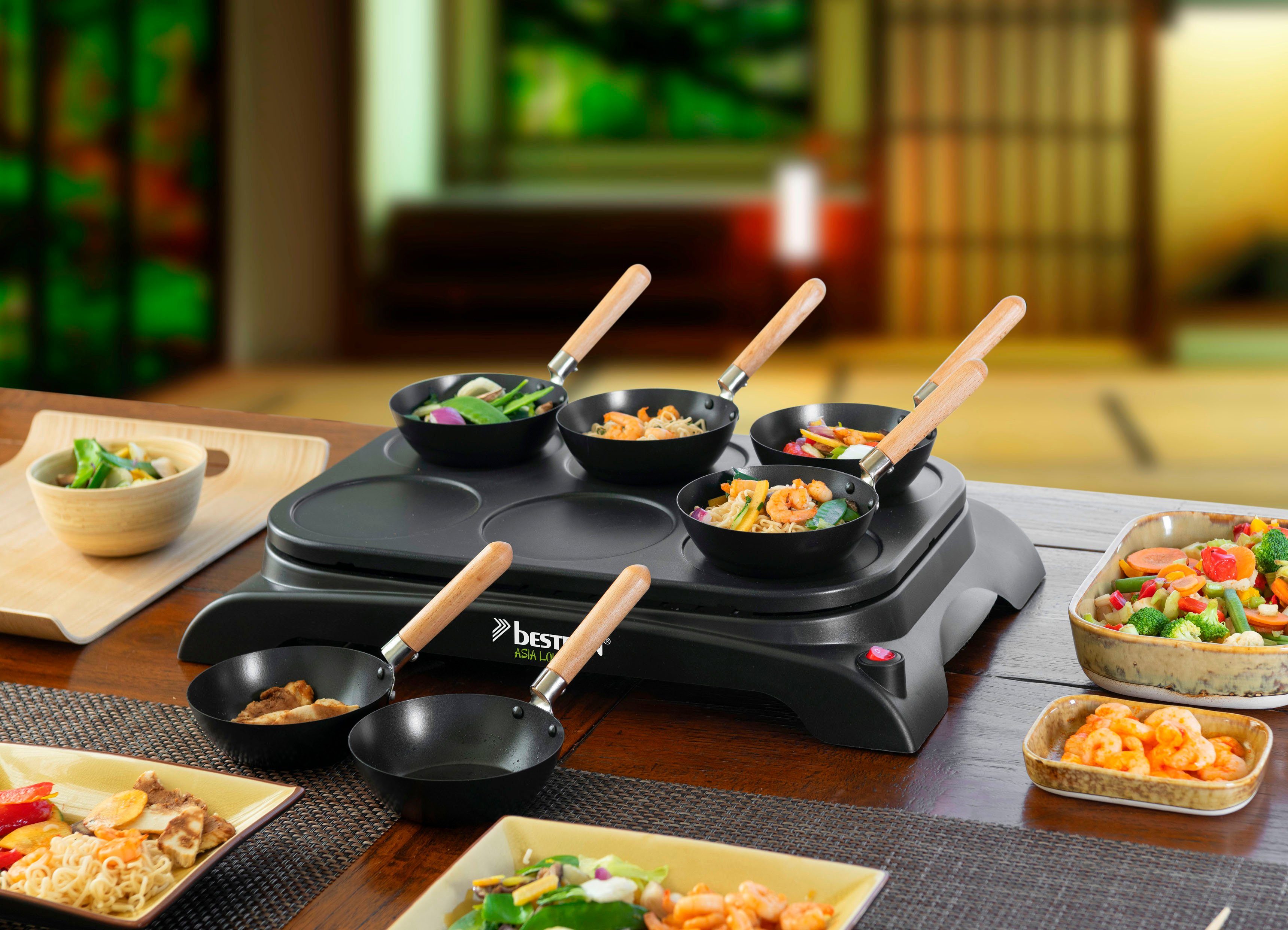 Mini 1000 bestron 6 1 für Pfannen Wok Holzspatel AWS600, Schöpflöffel & Raclettepfännchen, 6 Personen, W, 6 Raclette inkl.