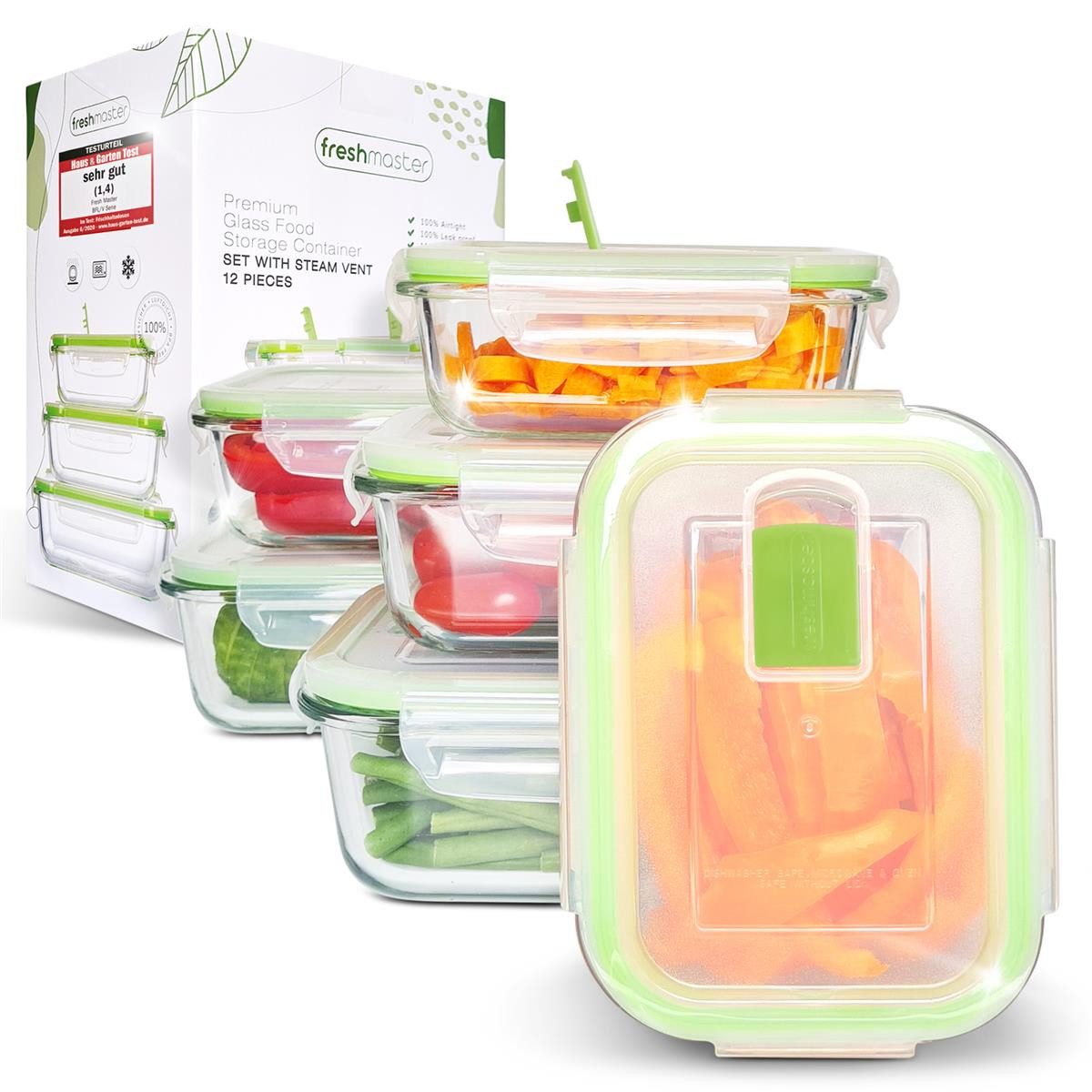 Fresh Master Frischhaltedose Vorratsdosen mit Deckel auslaufsicher Glas 12/16/18 tlg, Borosilikatglas, (Spar-Set, 12-tlg), 100% auslaufsichere + luftdichte Vorratsdosen mit Deckel