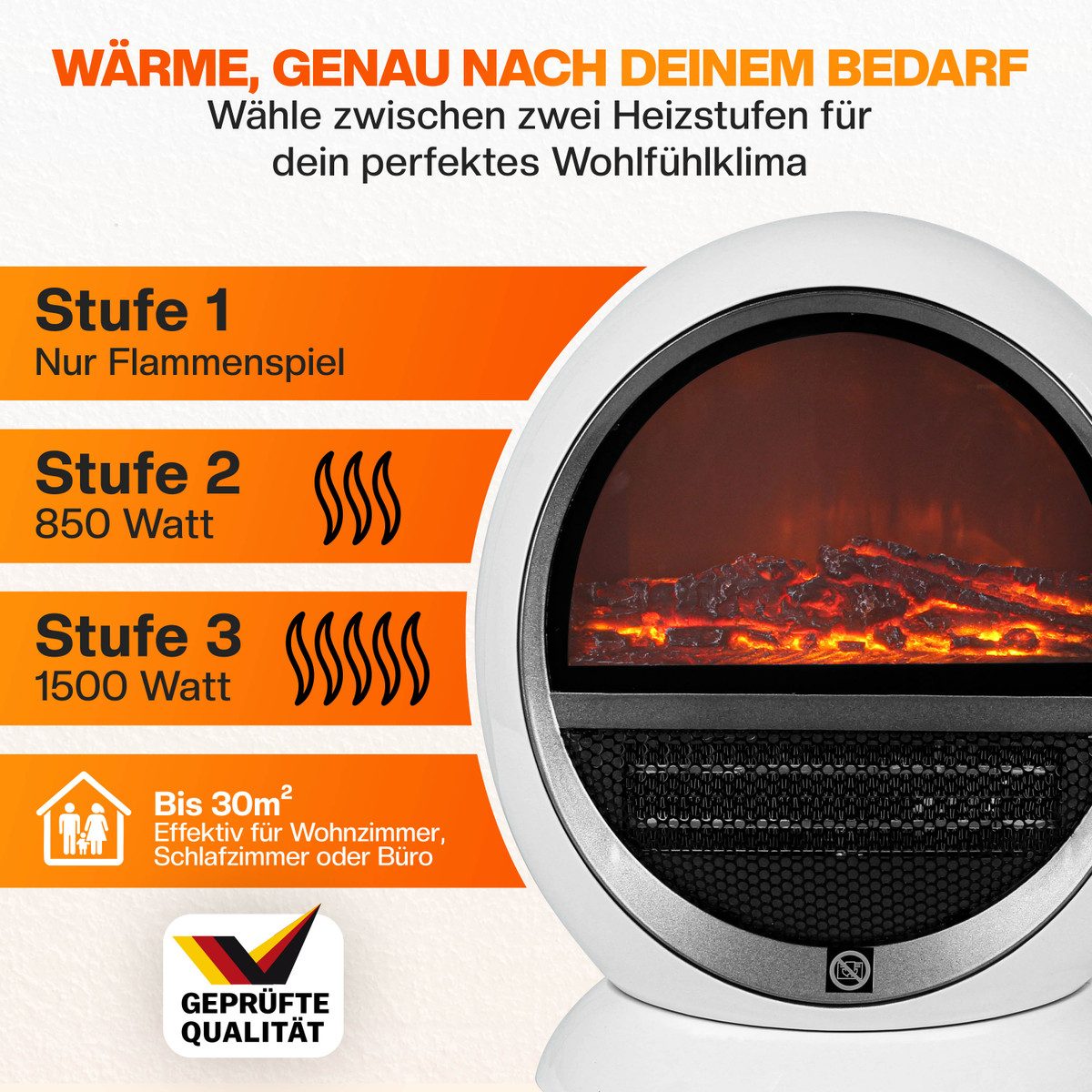 Deuba Heizlüfter, 1500 W, Kamin Optik Elektrokamin LED Flammen Effekt 2 Heizstufen weiß