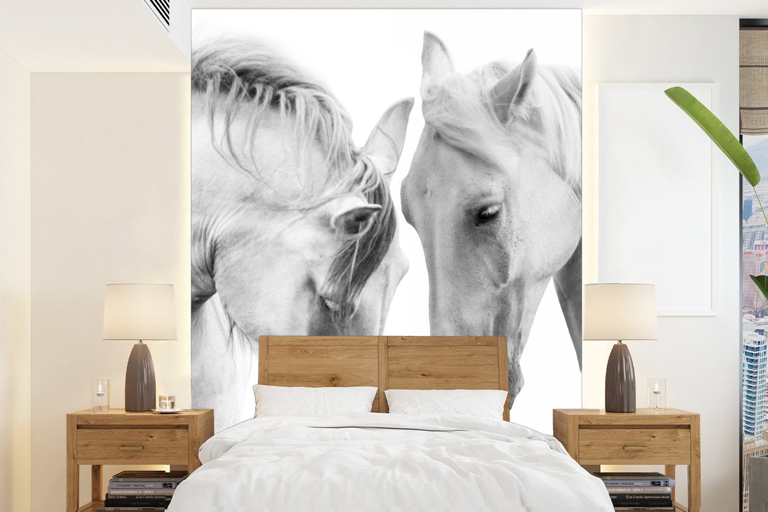 MuchoWow Fototapete Pferd - Tiere - Porträt - Weiß, Matt, bedruckt, (4 St), Montagefertig Vinyl Tapete für Wohnzimmer, Wandtapete