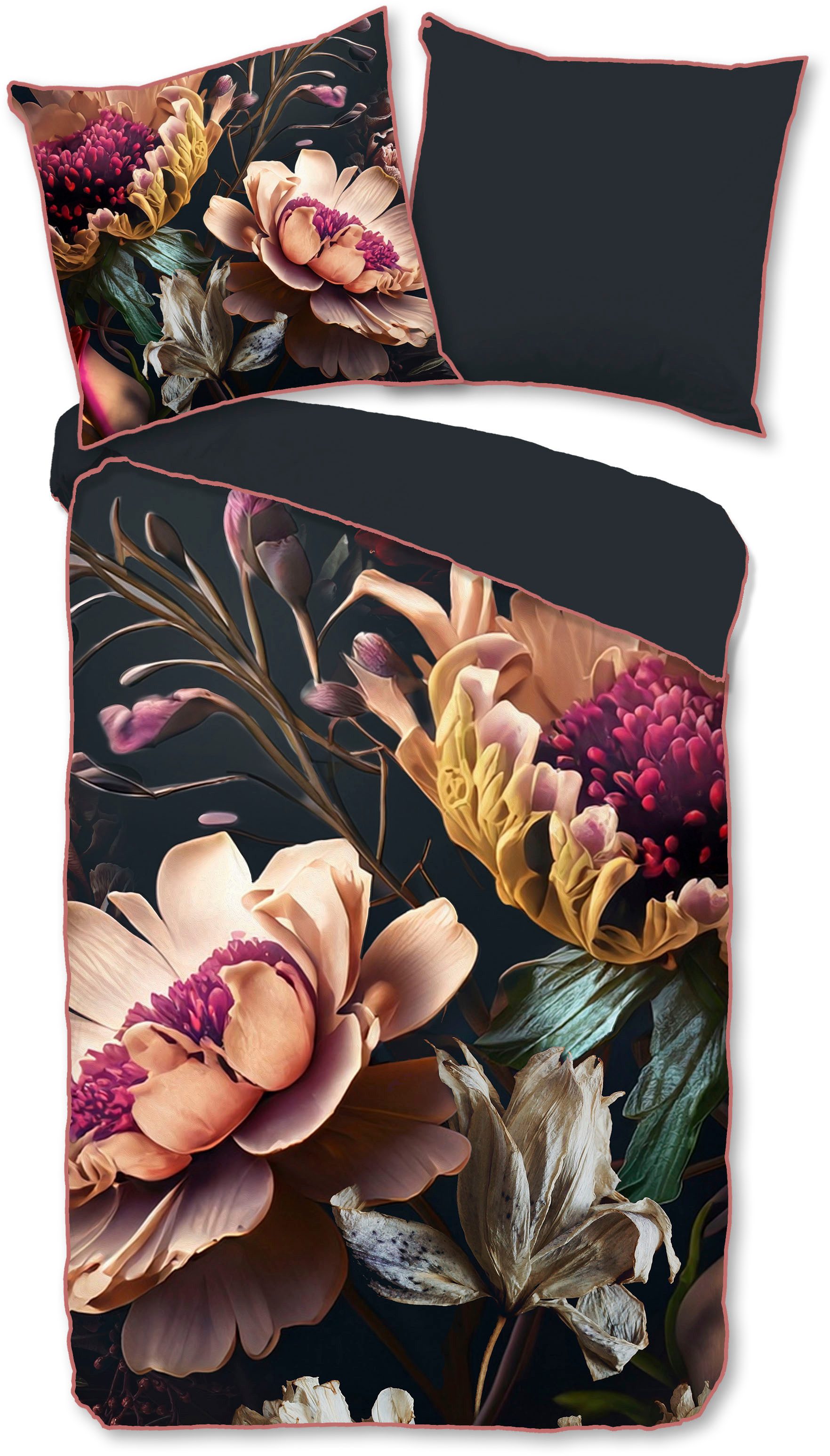 Descanso Wendebettwäsche Straizo, Mako-Satin, Renforcé, Satin, 2 teilig, Satin, Reißverschluss, Paspel, Biese, Wende, Luxe, Blume, Anthrazit