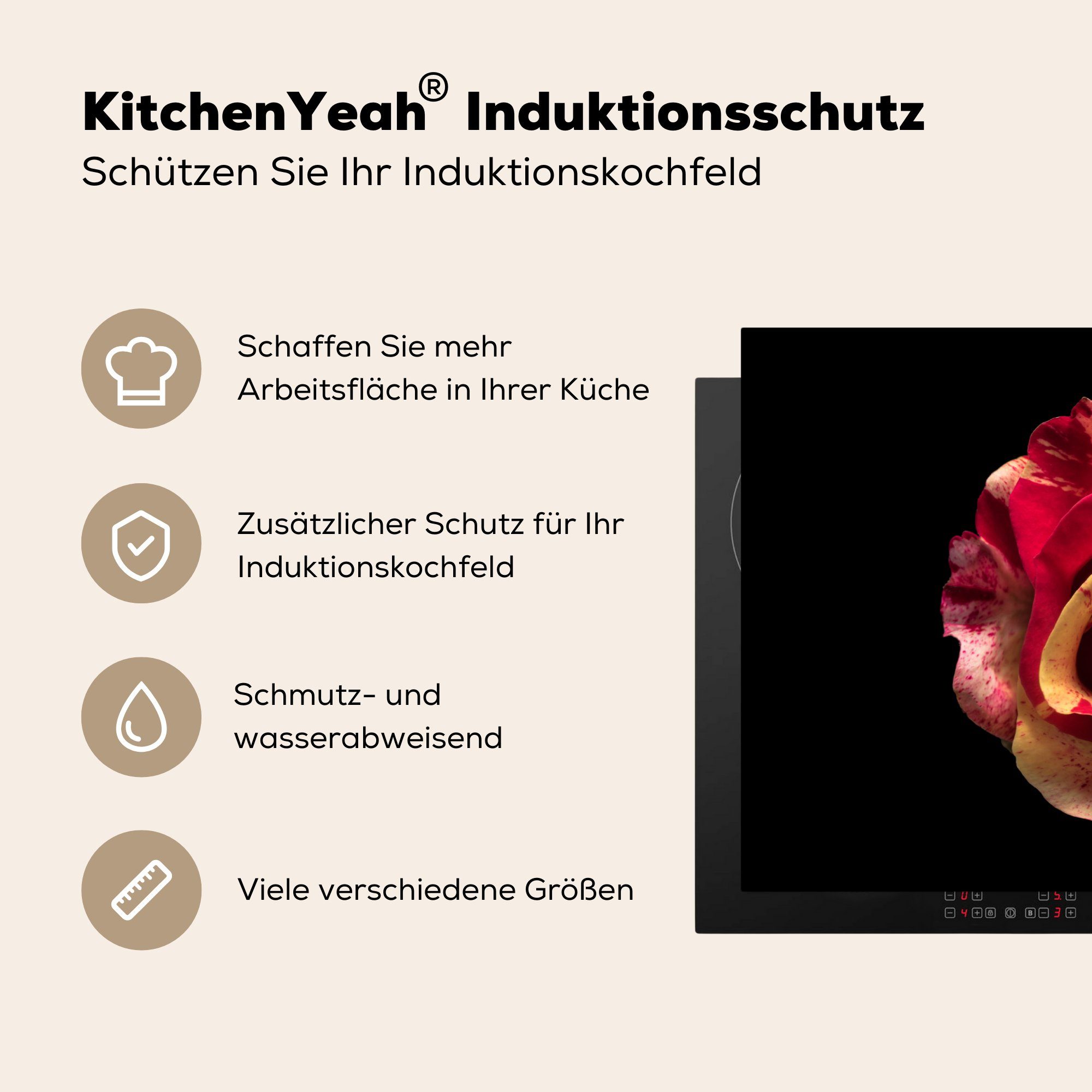 tlg), Rot Herdblende-/Abdeckplatte Schwarz, Ceranfeldabdeckung, - MuchoWow - cm, für küche Arbeitsplatte (1 Blume 81x52 - Vinyl, Rose