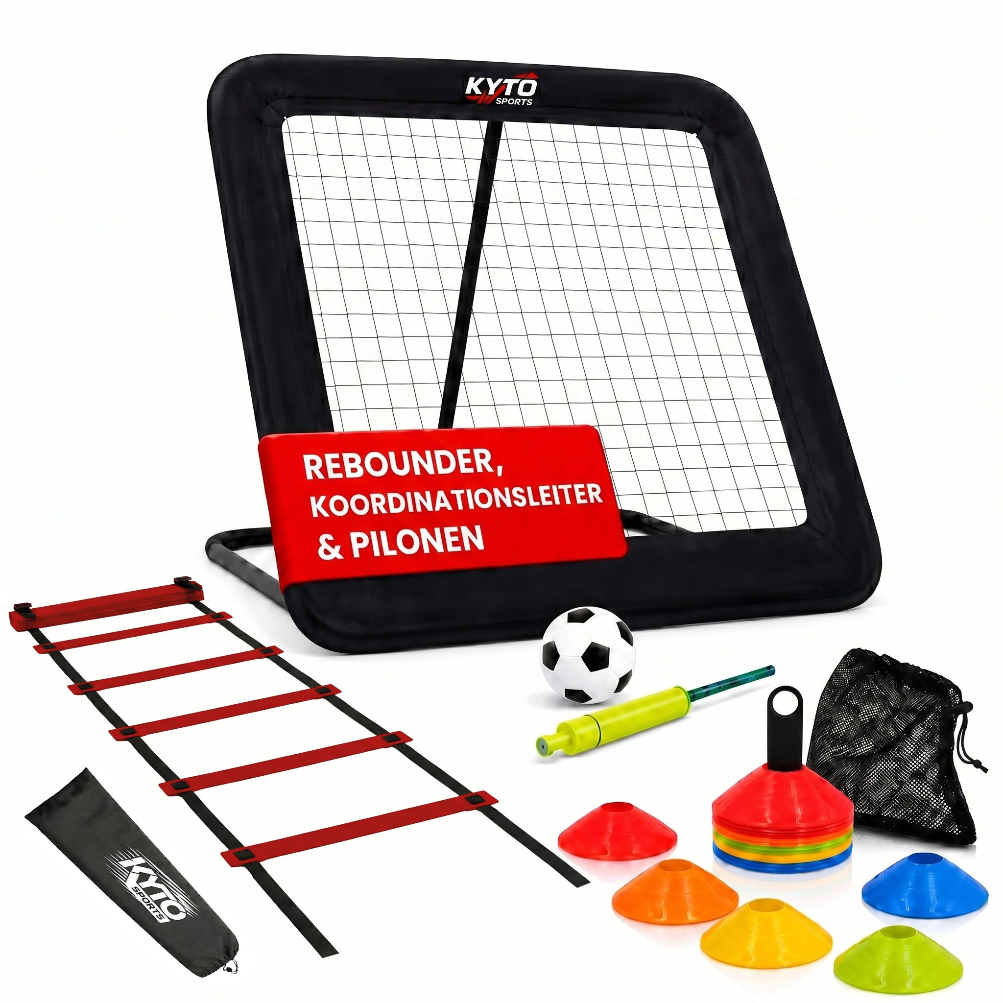 Kyto Fußballtor Kyto Fußball Trainingsset - Rebounder, 50 Hütchen, Koordinationsleiter