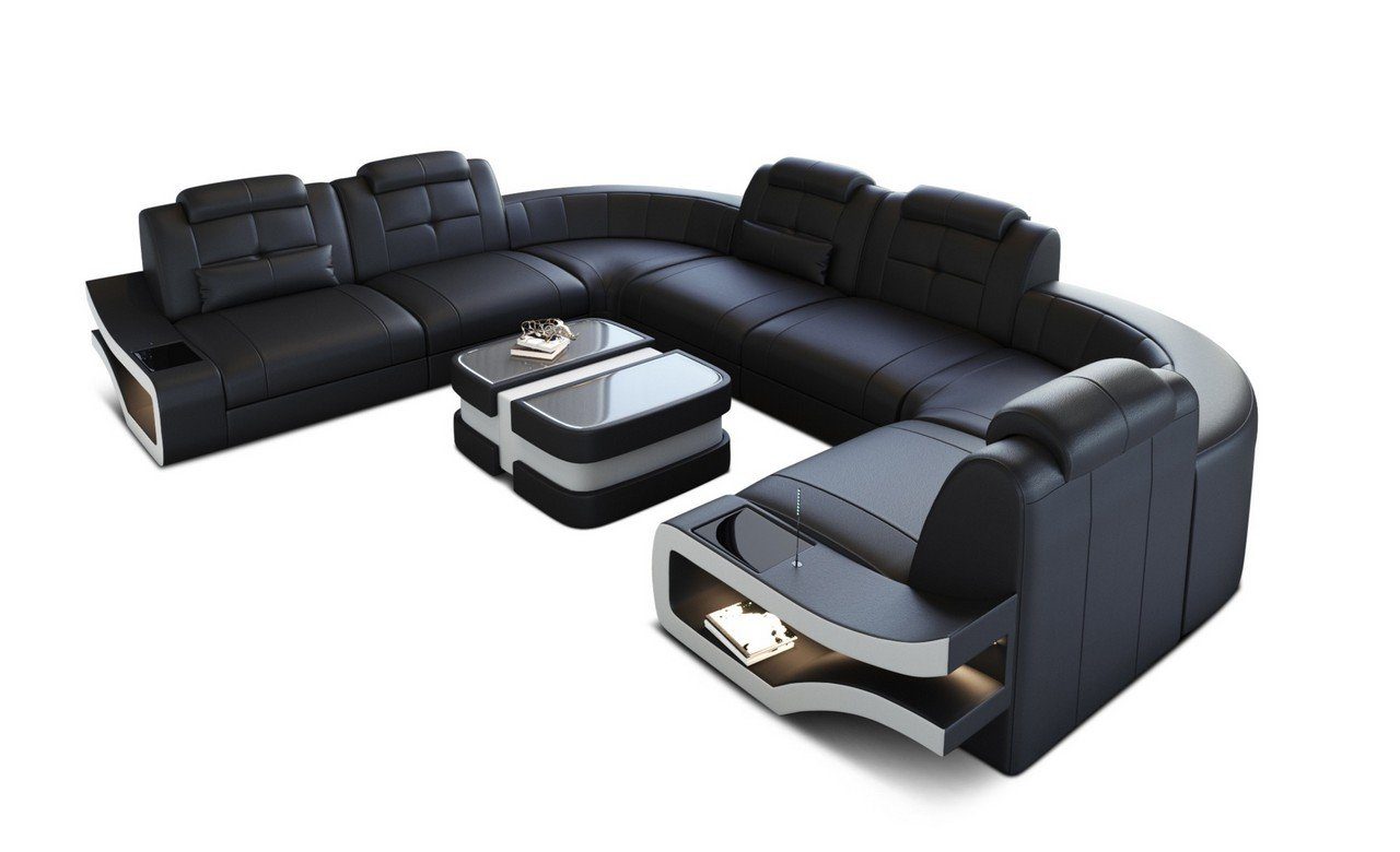 Sofa Couch Sofa Elena U U-Form Ledersofa LED-Beleuchtung Leder Wohnlandschaft Ledersofa, mit Dreams Form