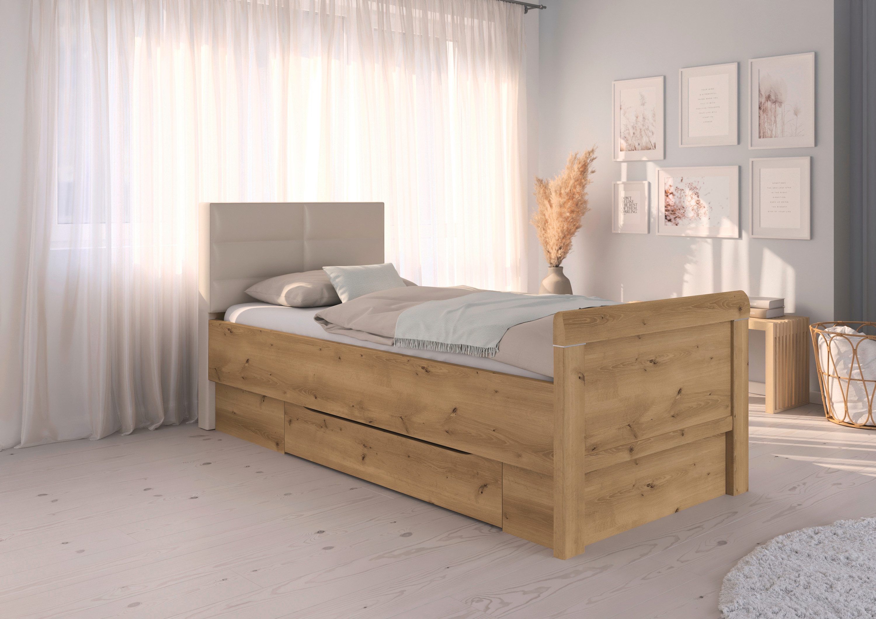rauch Stauraumbett Bett Einzelbett Stollenbett Bettkästen EVELYN, in Komforthöhe mit Polsterkopfteil sowie Schubladen MADE IN GERMANY
