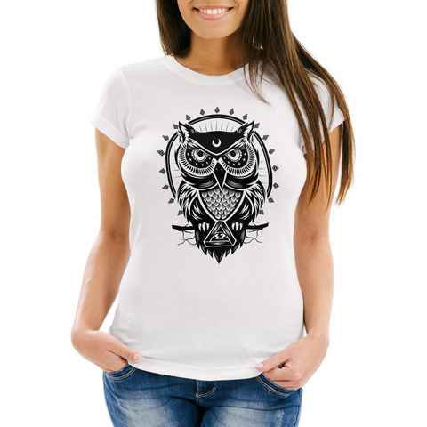 Neverless Print-Shirt Damen T-Shirt Eule Owl Shirt Eulenmotiv Slim Fit Neverless® mit Print