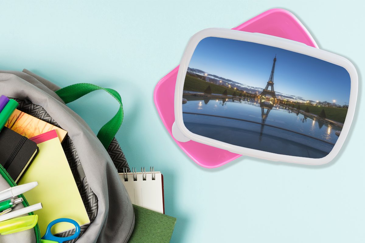 Erwachsene, Abend Kunststoff, Kinder, Kunststoff (2-tlg), in Lunchbox Der Himmel Brotdose Eiffelturm Mädchen, für Snackbox, sehr am Brotbox rosa MuchoWow Paris, bei klarem