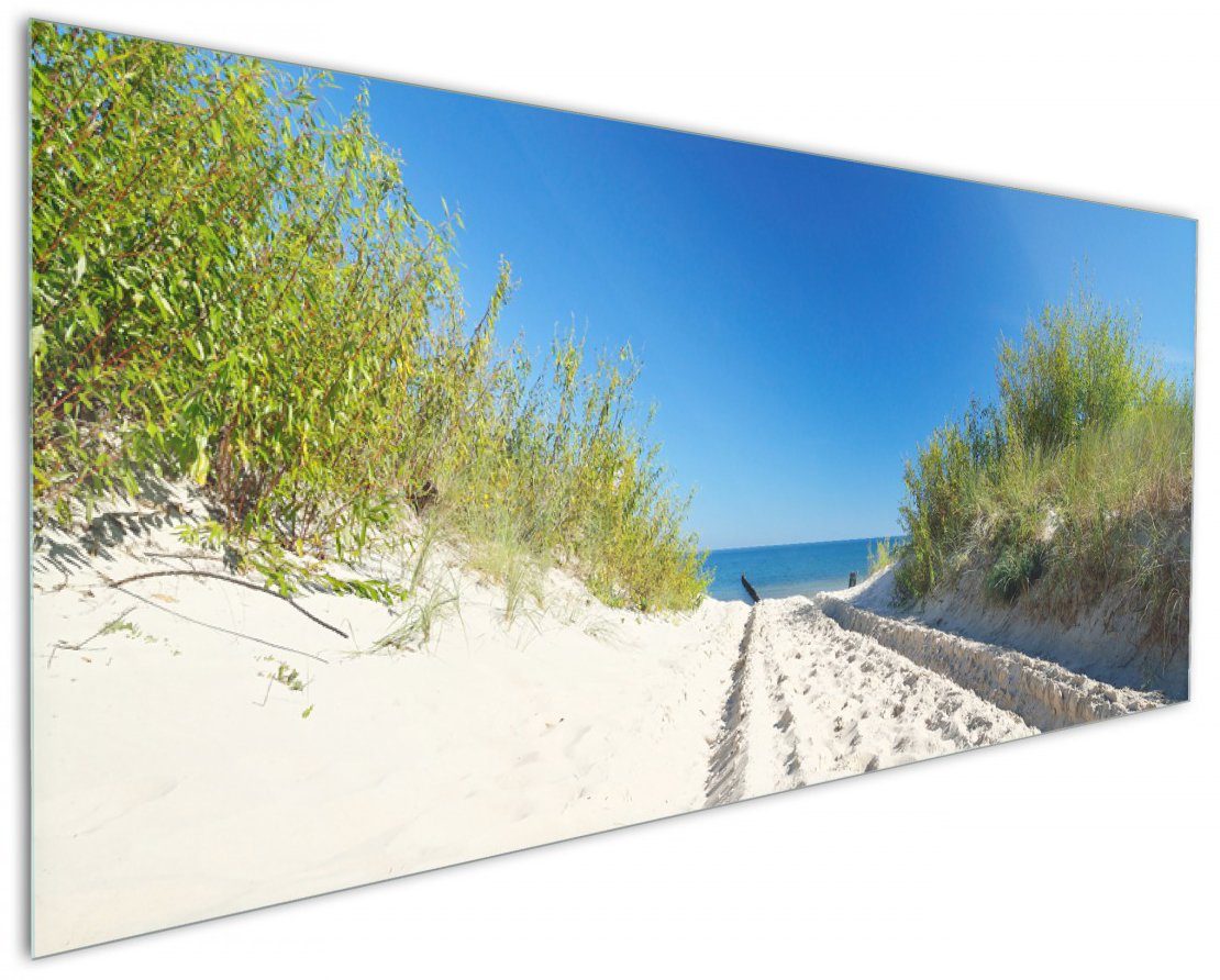 Wallario Küchenrückwand Auf dem Sandweg zum Strand - Blauer Himmel über dem Meer, (1-tlg)