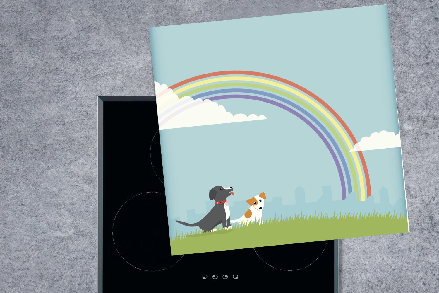 MuchoWow Herdblende-/Abdeckplatte Eine Illustration (1 von 78x78 Arbeitsplatte Ceranfeldabdeckung, unter Hunden Vinyl, küche zwei tlg), für cm, Regenbogen, einem