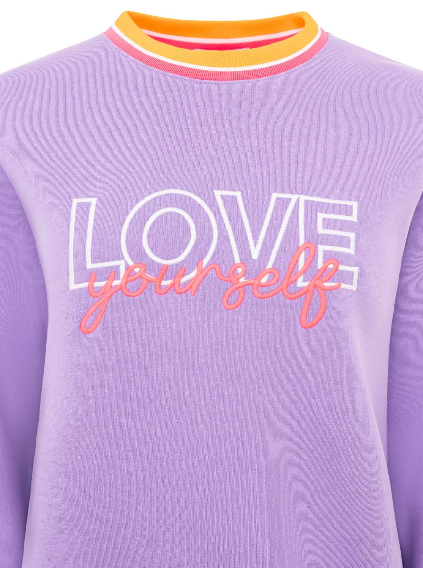 Zwillingsherz Hoodie "Love Yourself" Rundhals, gestreifte Neon-Bündchen, gestickter Schriftzug – Bild 5 von 5
