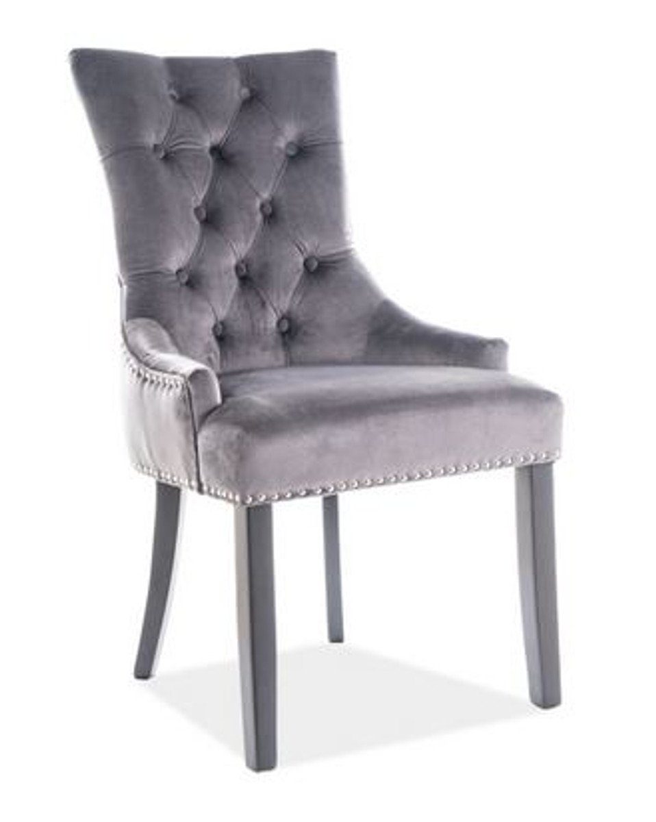 Grau Küchenstuhl Schwarz Luxus Möbel Esszimmer Silber Chesterfield mit - Esszimmerstuhl Samtstoff Stuhl / Esszimmer - / Casa Padrino