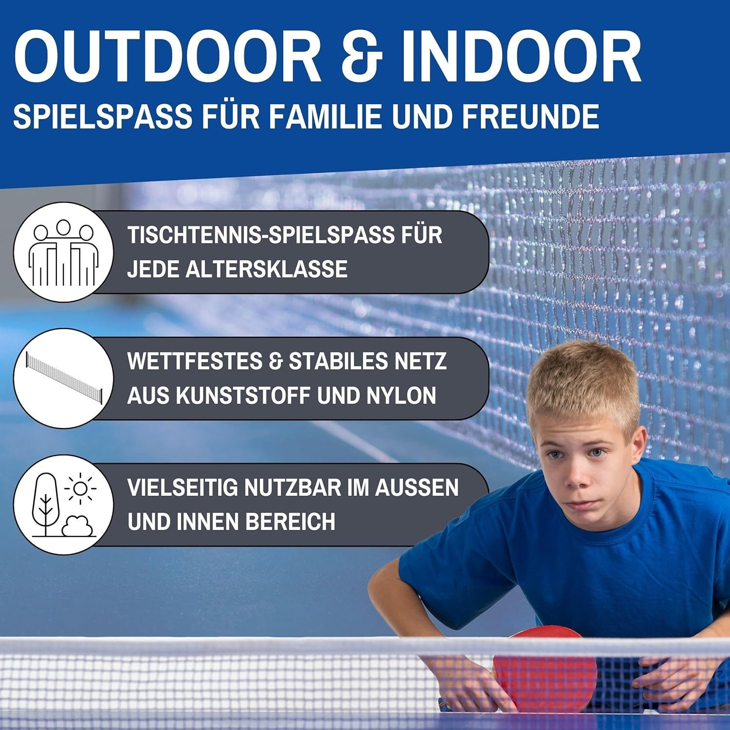 L.A. Sports Tischtennisnetz Pro 178,5 x 14,5 H mit Schraubbefestigung (Spar-Set, 2 Pfosten 2 Spannketten 1 Netz mit Seil 1 Netzlehre & Gummibeläge), wetterfest / outdoor geeignet