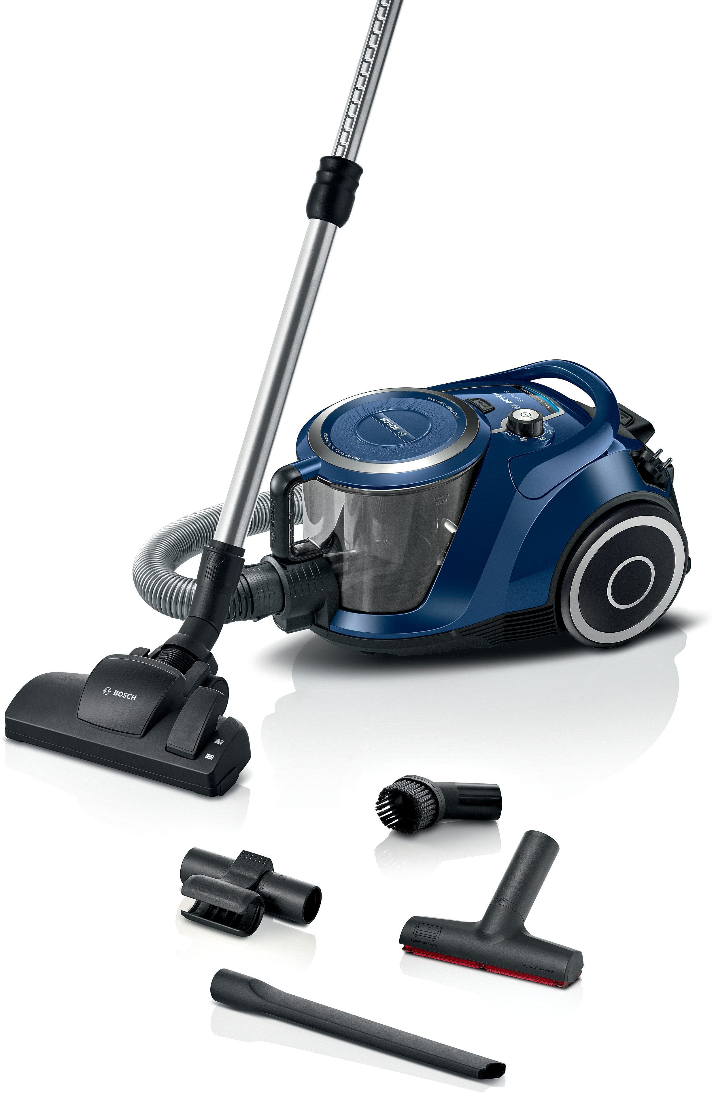 BOSCH Bodenstaubsauger Serie 6 BGC41XECO, ideal für Allergiker, Hygiene-Filter, beutellos, 10 Jahre Motorgarantie, XXL-Polsterdüse, lange Fugendüse, leise, blau