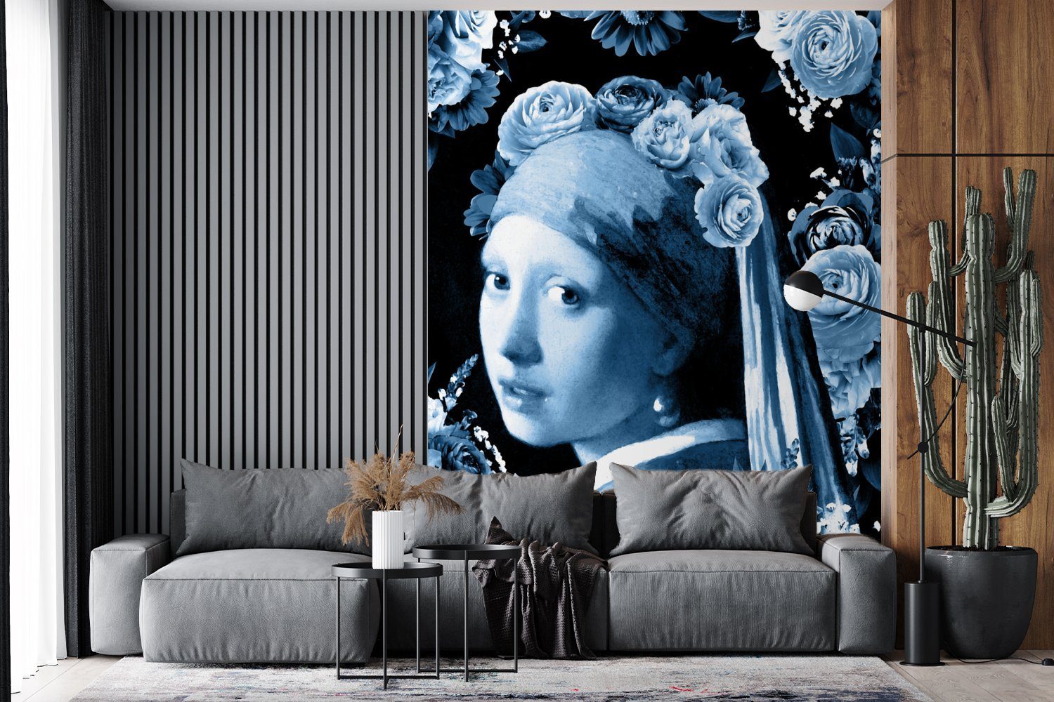 Tapete bedruckt, (4 Fototapete mit Vinyl Blau, Matt, Wohnzimmer, St), Perlenohrring MuchoWow Mädchen Montagefertig Wandtapete - einem Delfter - Rosen für
