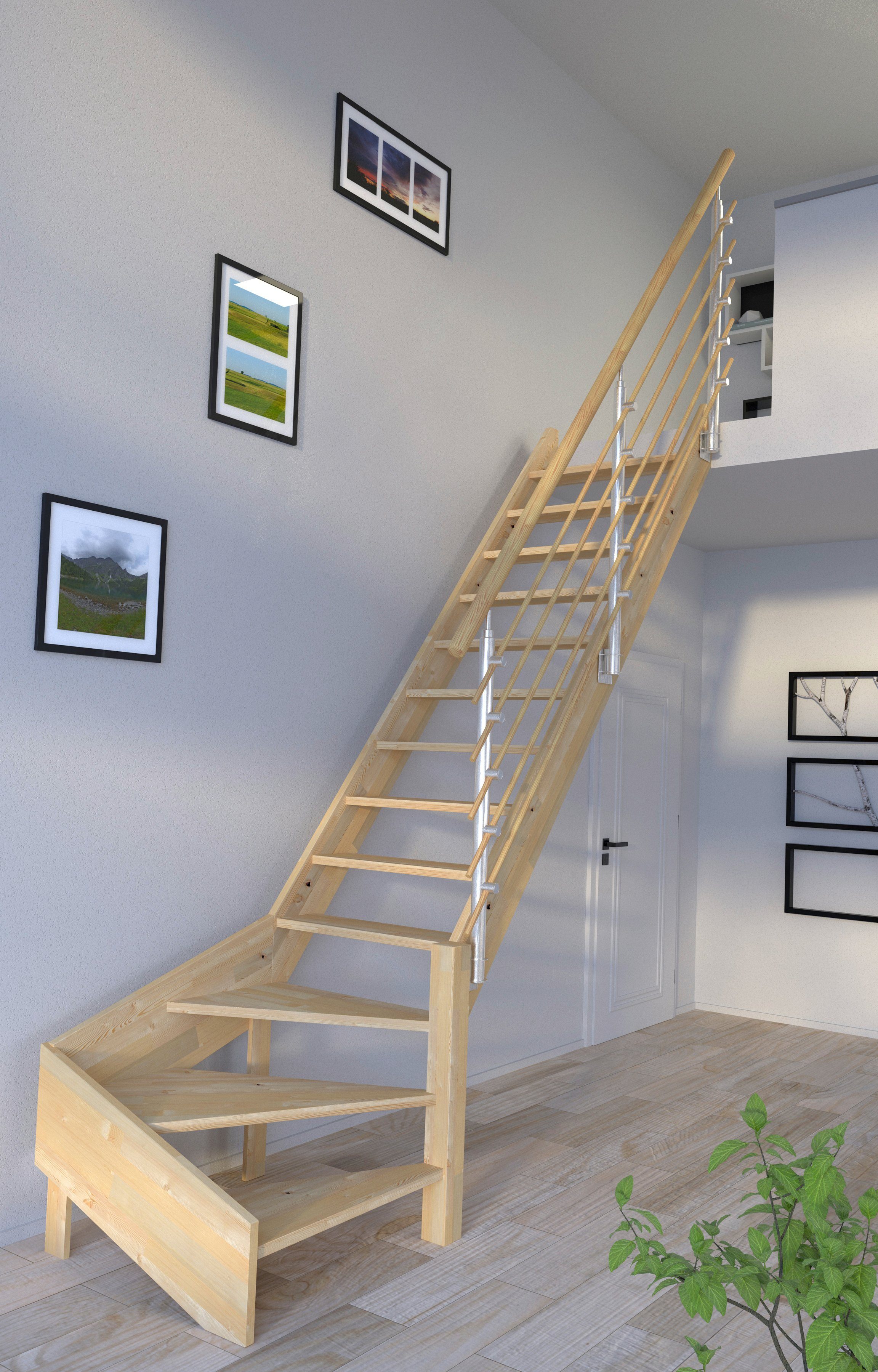 Starwood Raumspartreppe Massivholz Korfu, Design-Geländer Holzrundstäbe, für Geschosshöhen bis 300 cm, Stufen offen, gewendelt Rechts, Durchgehende Wangenteile | Treppen