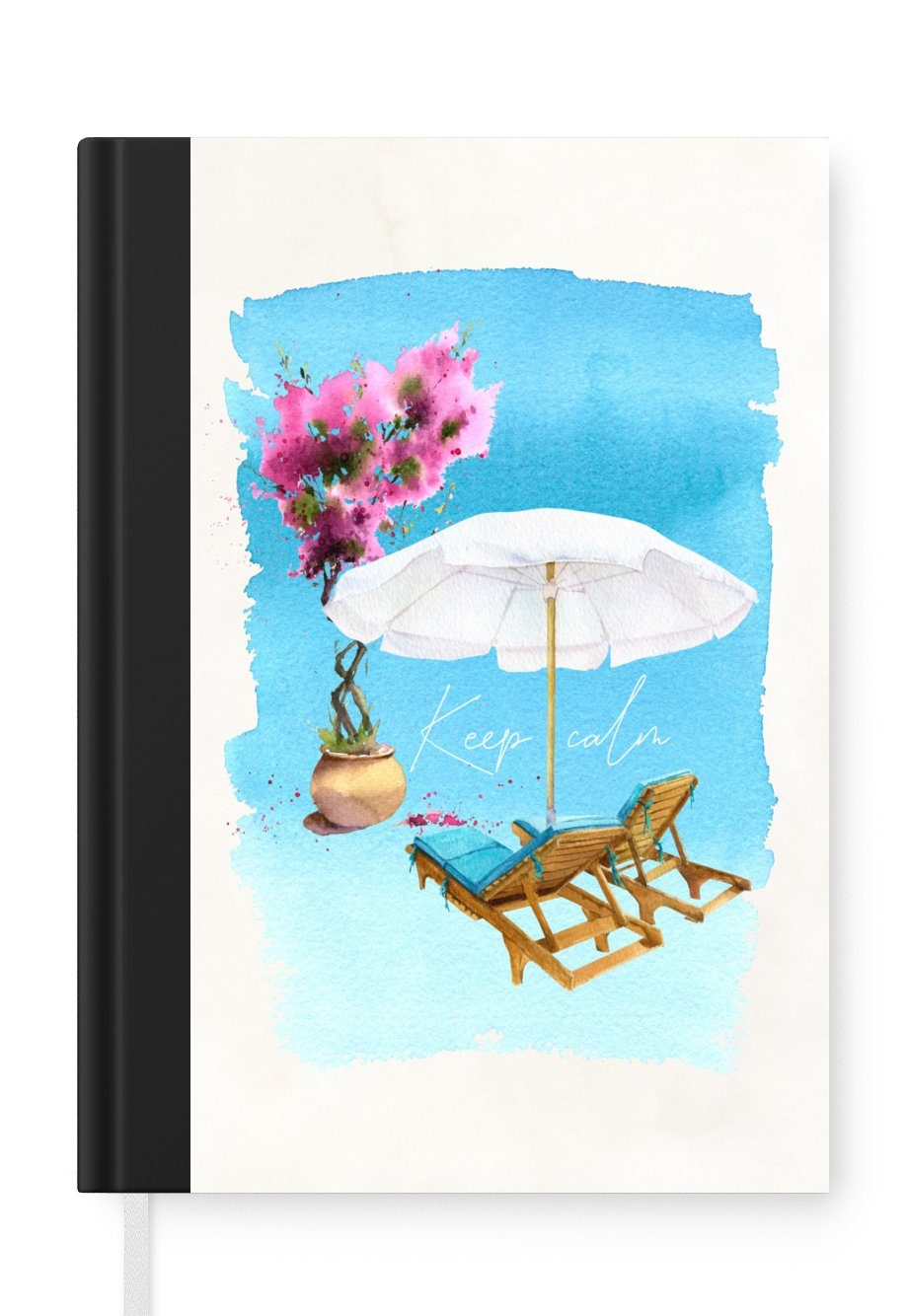 MuchoWow Notizbuch Strandkorb - Blumen - Sonnenschirm - Zeichnung, Journal, Merkzettel, Tagebuch, Notizheft, A5, 98 Seiten, Haushaltsbuch