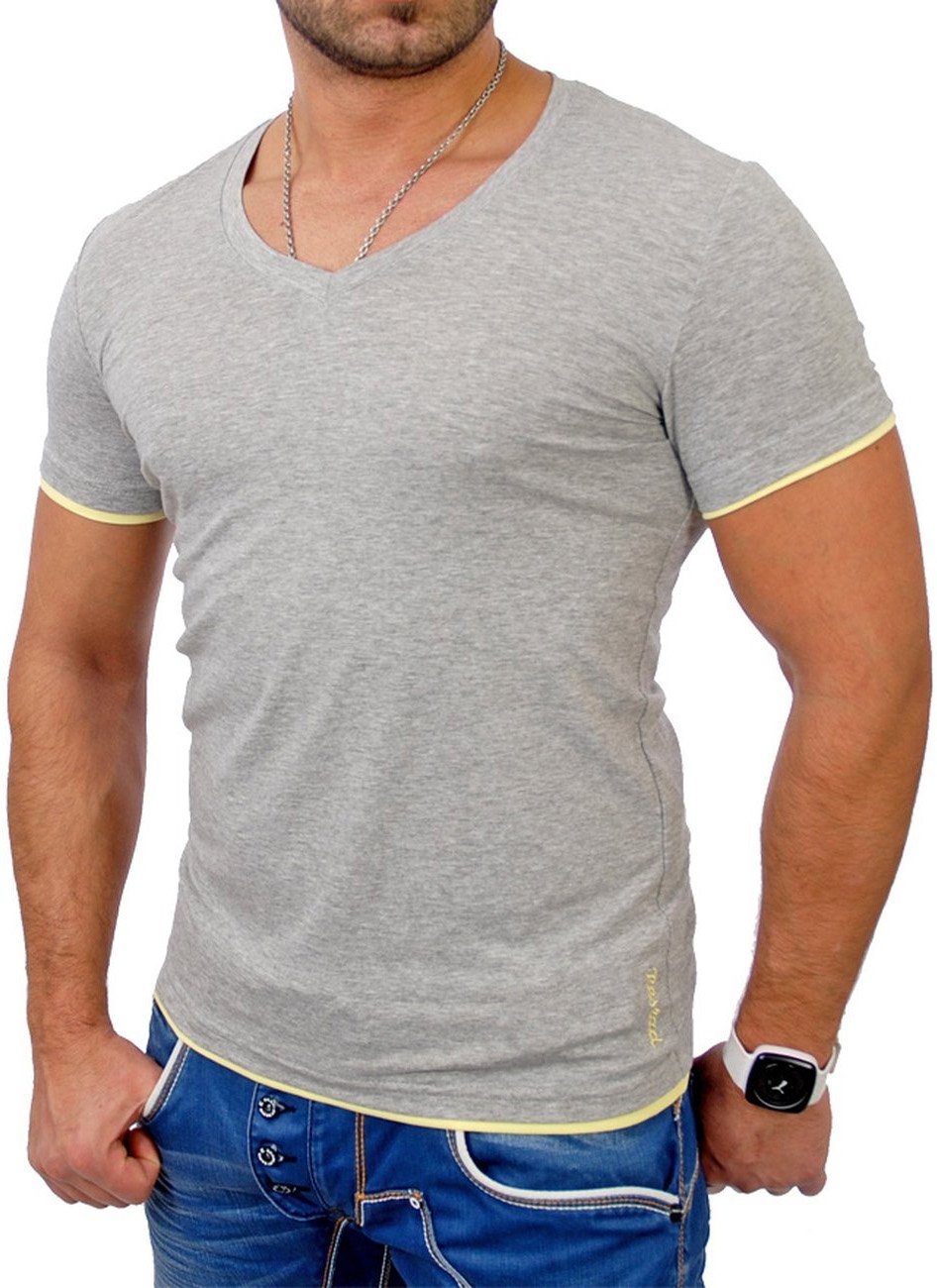 (1-tlg) Herren grau-gelb Miami T-Shirt V-Auschnitt Shirt T-Shirt Optik Reslad RS-5050 Reslad Layer