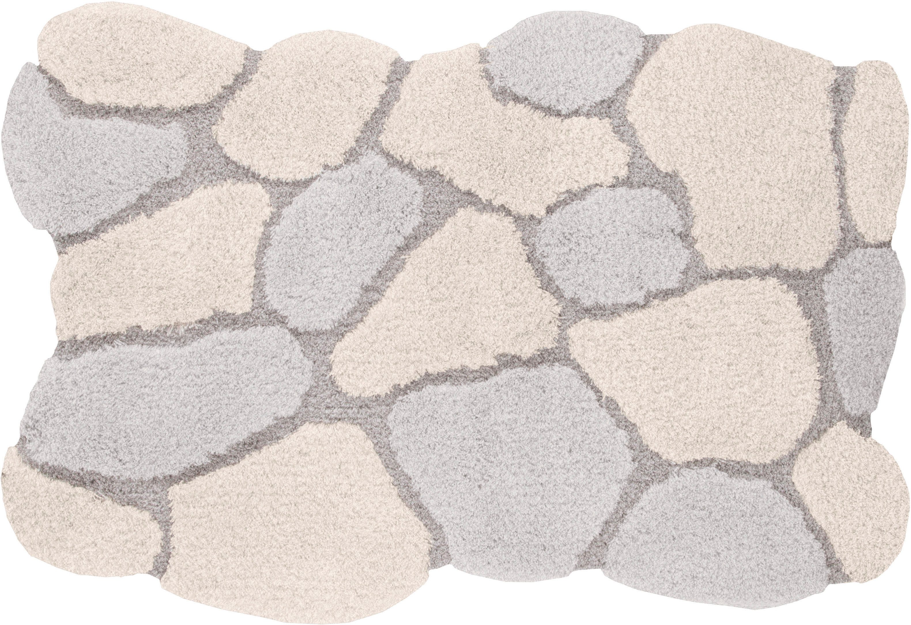 Kleine Wolke Badematte Brick, Höhe 22 mm, rutschhemmend beschichtet, fußbodenheizungsgeeignet, Polyester, rechteckig, Zweifarbiger Stein-Look in Creme & Grau mit geschwungenen Formen
