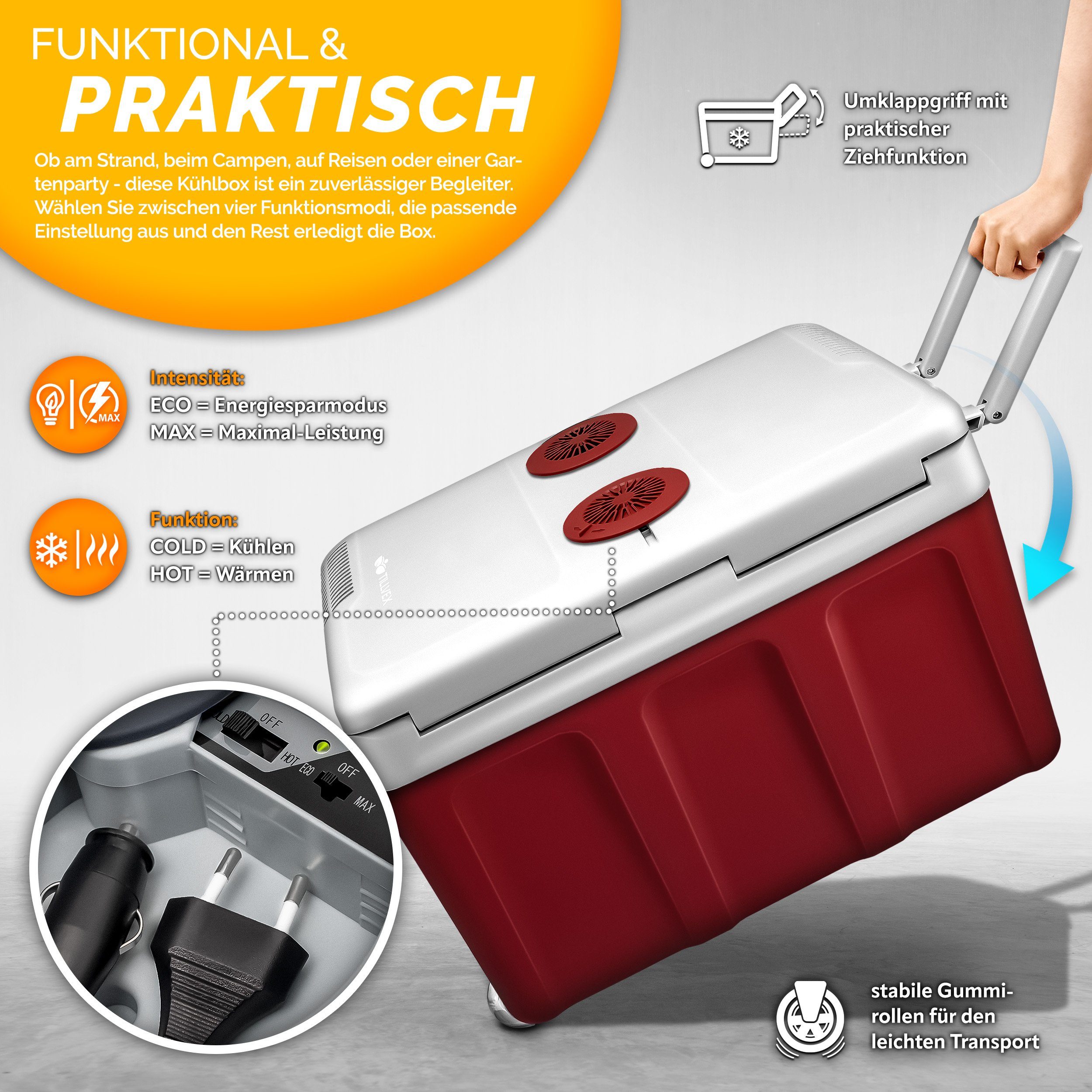 tillvex Kühlbox elektrisch 40L mit Rollen Mini-Kühlschrank, 230 V und 12 V für KFZ Auto Camping, kühlt & wärmt, ECO-Modus