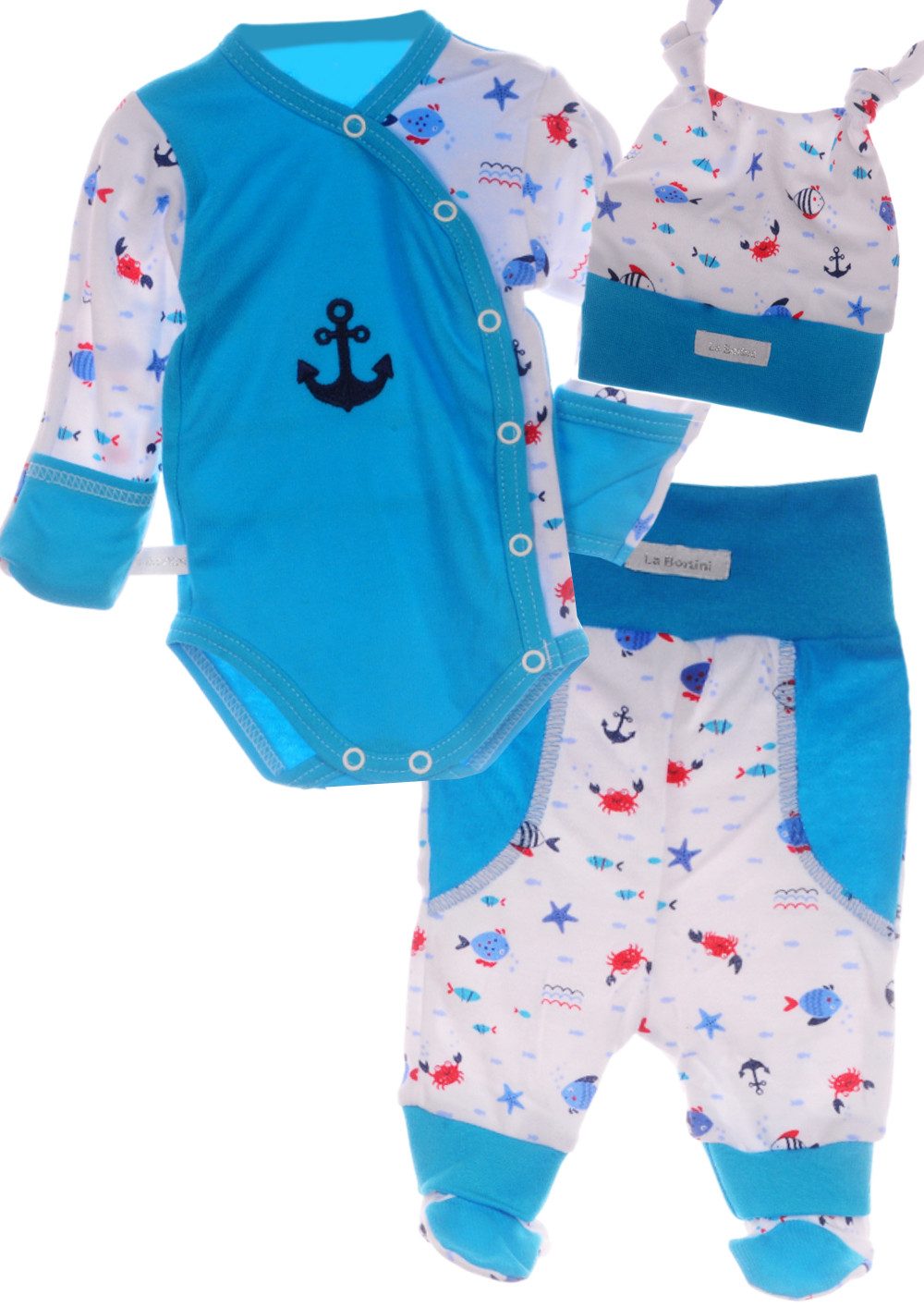 La Bortini Wickelbody Body mit Kratzschutz Hose und Mütze in Türkis mit Segelbooten maritim aus reiner Buamwolle, 44 50 56 62 68 74 80 86