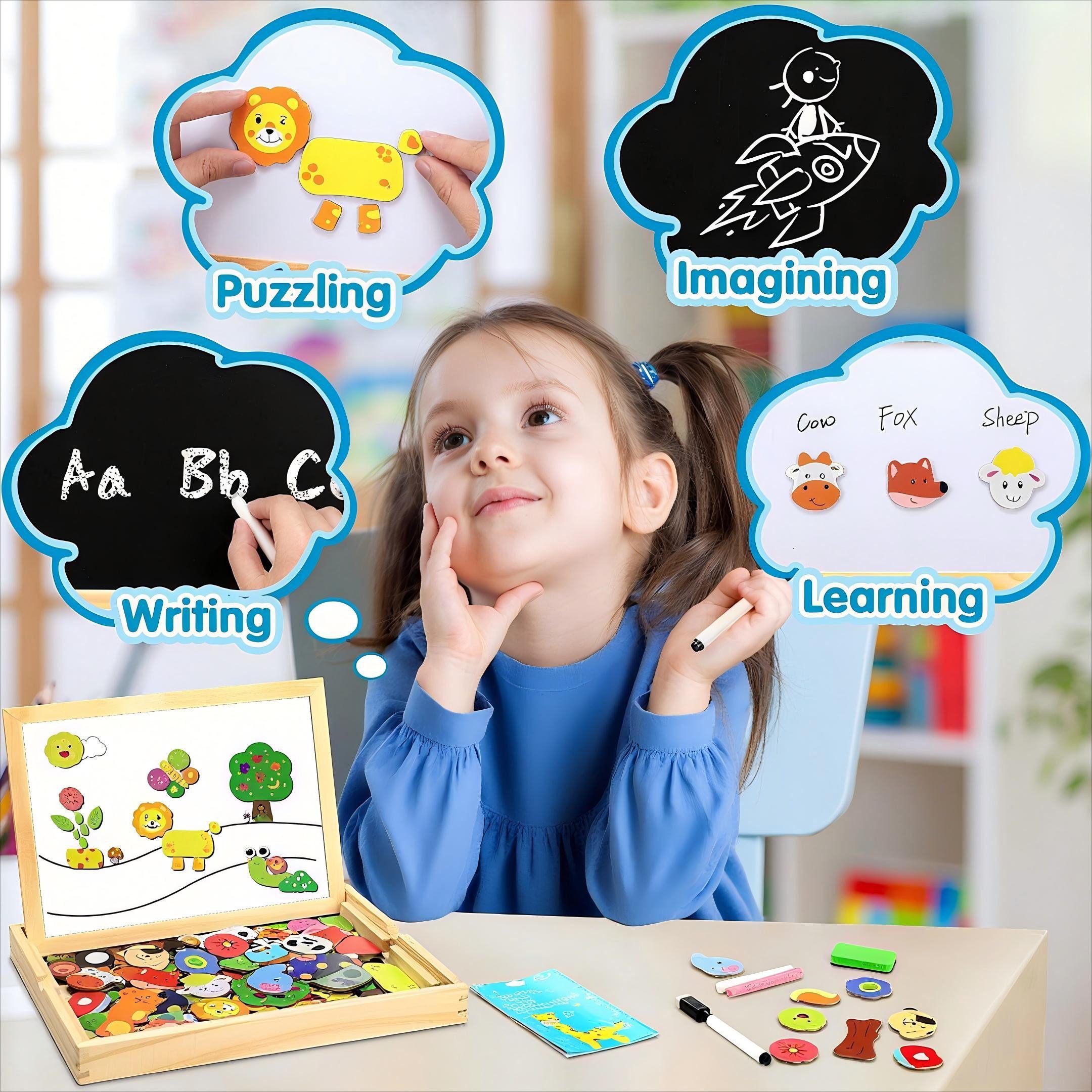 POPOLIC Puzzle Magnetisches Holzpuzzle 110 Stück, Magnettafel Kinder, Rahmenpuzzle, Puzzleteile, Puzzle ab 3, Montessori Spielzeug ab 3 Jahre, Kreativ Lernspielzeug