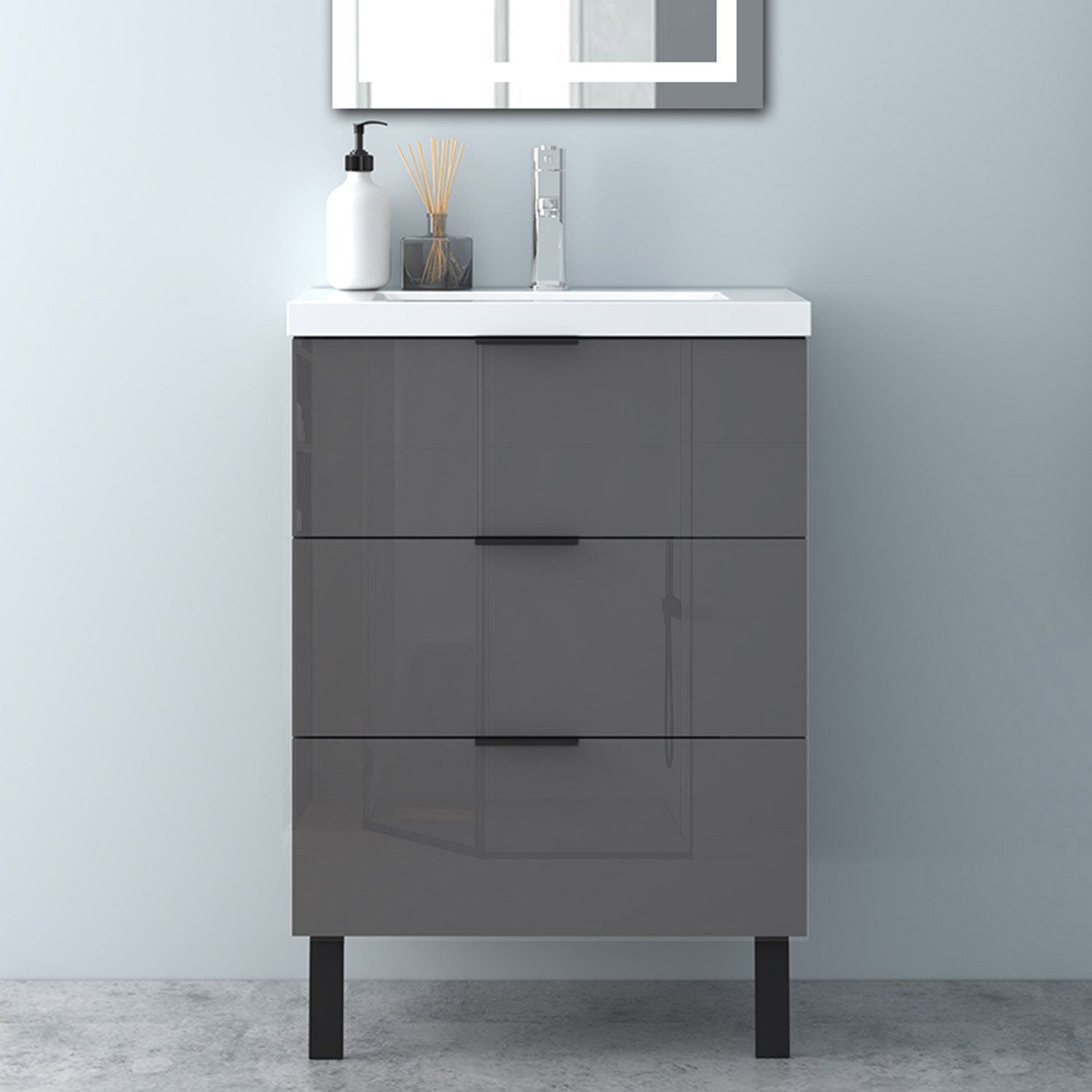 Aica Sanitär Waschtisch Badezimmerschrank Waschbecken mit Unterschrank Badmöbel Badschrank (Hängeschrank, mit Schrankfüße), 3 Schubladen mit Soft-Close Funktion, Waschbecken mit überlauf