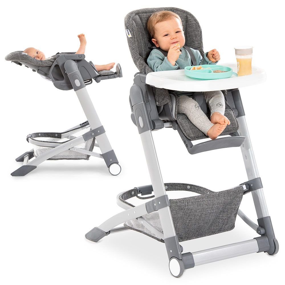 Hauck Hochstuhl Grow Up - Melange Grey, Newborn Babystuhl ab Geburt mit Liegefunktion, Rollen, klappbar