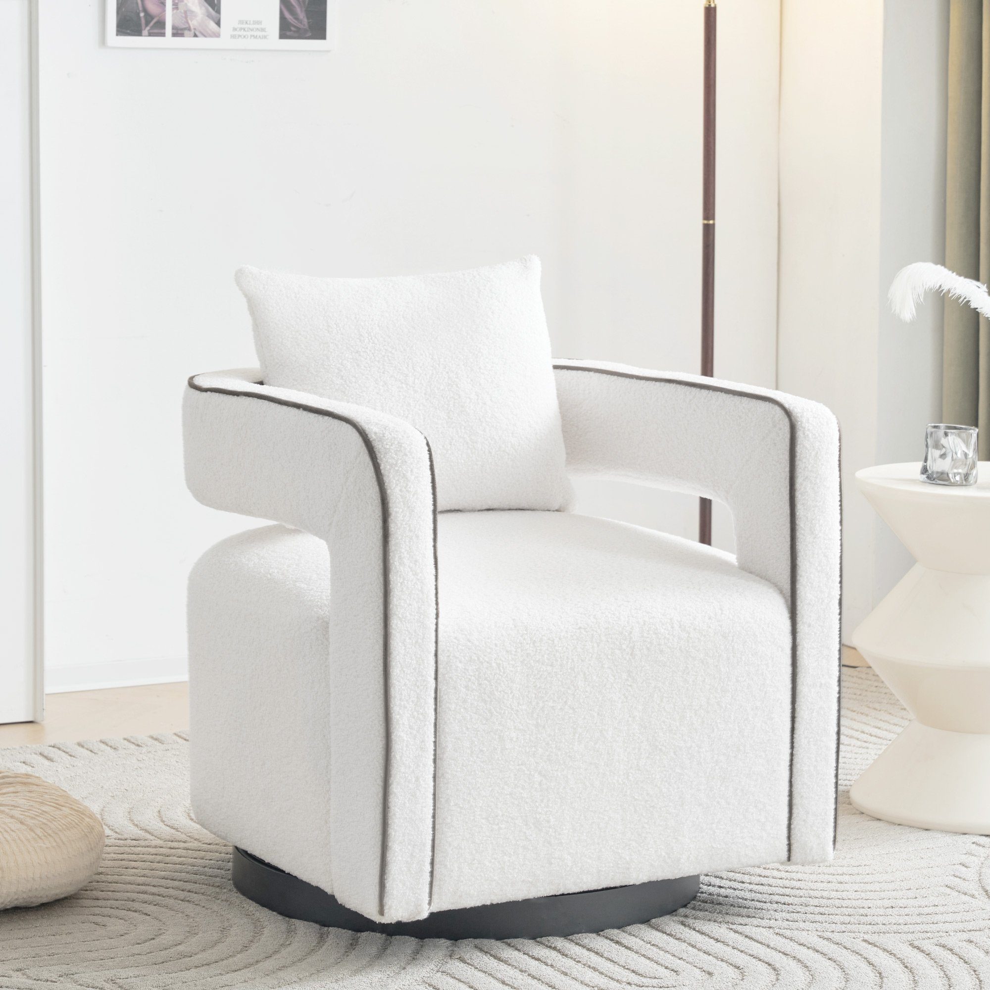 KLAM HOME Relaxsessel Drehsessel Polsterstuhl Einzelsofasessel (Freizeitstuhl mit Armlehnen), 360° drehbar TV-Sessel mit Kissen, für Wohn-, Schlaf- und Arbeitszimmer weiß/schwarz