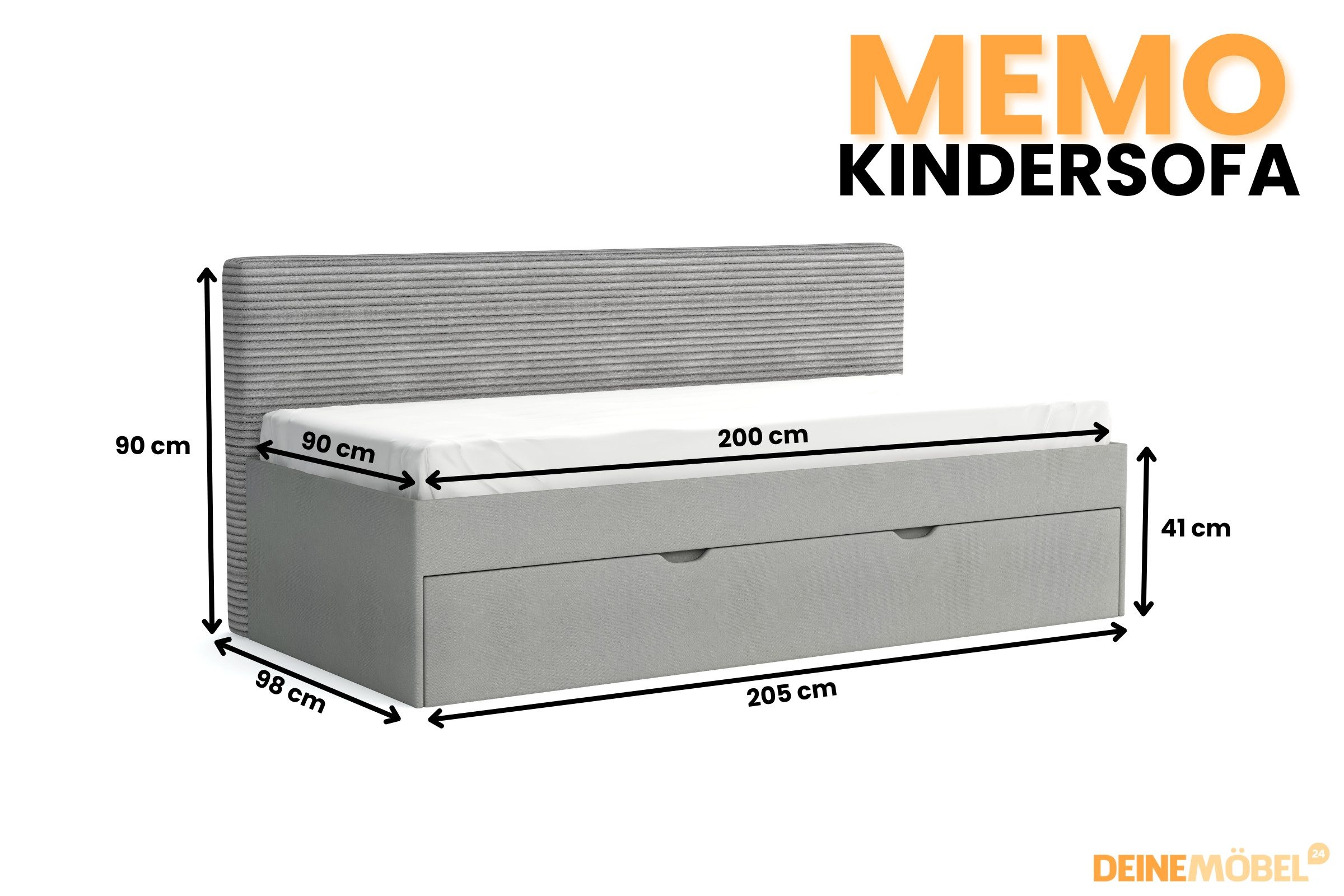 Deine Möbel 24 Kindersofa MEMO Schlafsofa Kinderbett mit Ausziehbett und Bettkasten, kKinderbett in 90x200 cm, Bezug: Velours und Cord 1 Teile, Farben: Beige, Hellgrau, Grau, Anthrazit, Schwarz