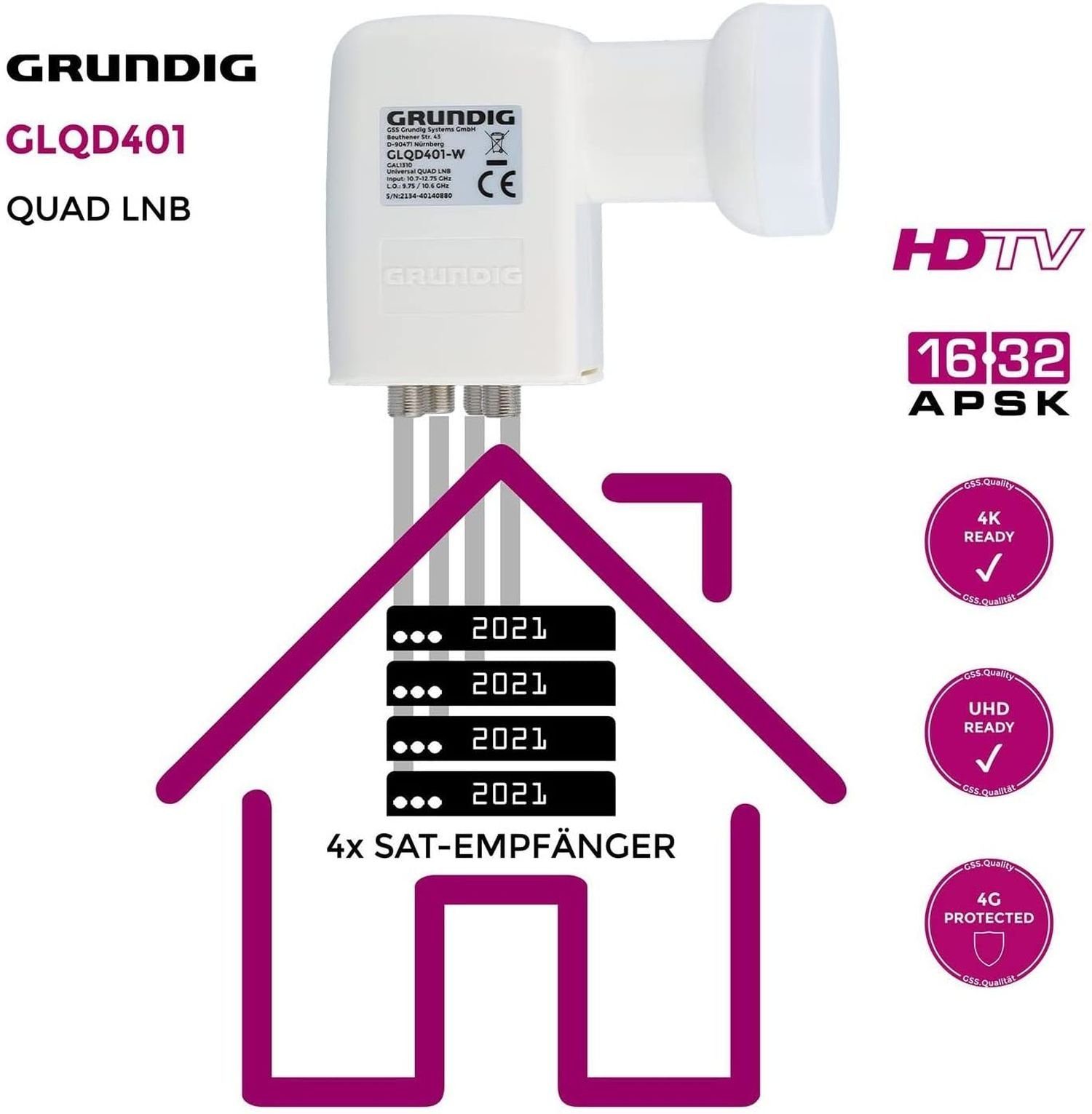 Universal-Quad-LNB 401 & GSS HD, 0.1dB, weiß (4 kälte- GLQD Teilnehmer, hitzebeständig) Aufdrehhilfe Filter, Quad LNB 4K, LTE +
