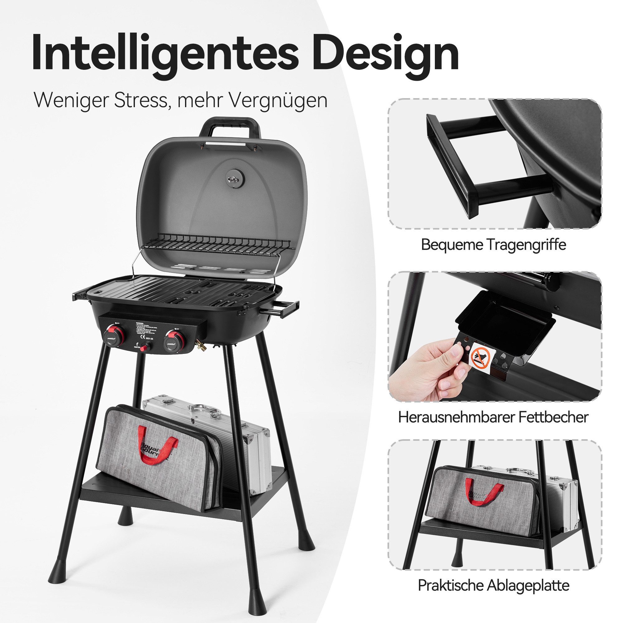 Royal Gourmet Gasgrill 2- Brenner Gasgrill, 5 kW Standrrill, Grillwagen für Camping, 2-in-1-Funktionalität, Zwei 2,5 kW Edelstahlbrenner