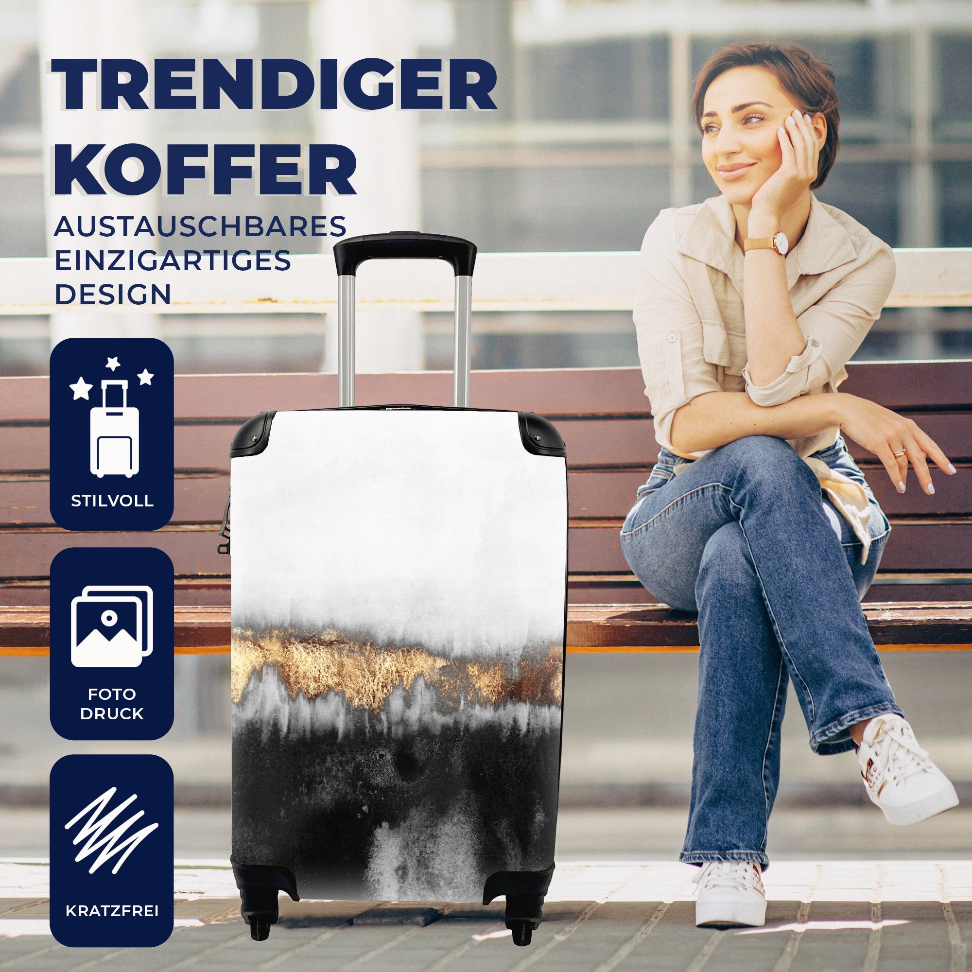 MuchoWow Handgepäckkoffer Gold 4 Reisetasche Handgepäck - Rollen, für - Trolley, Abstrakt, rollen, Reisekoffer Chic mit Ferien