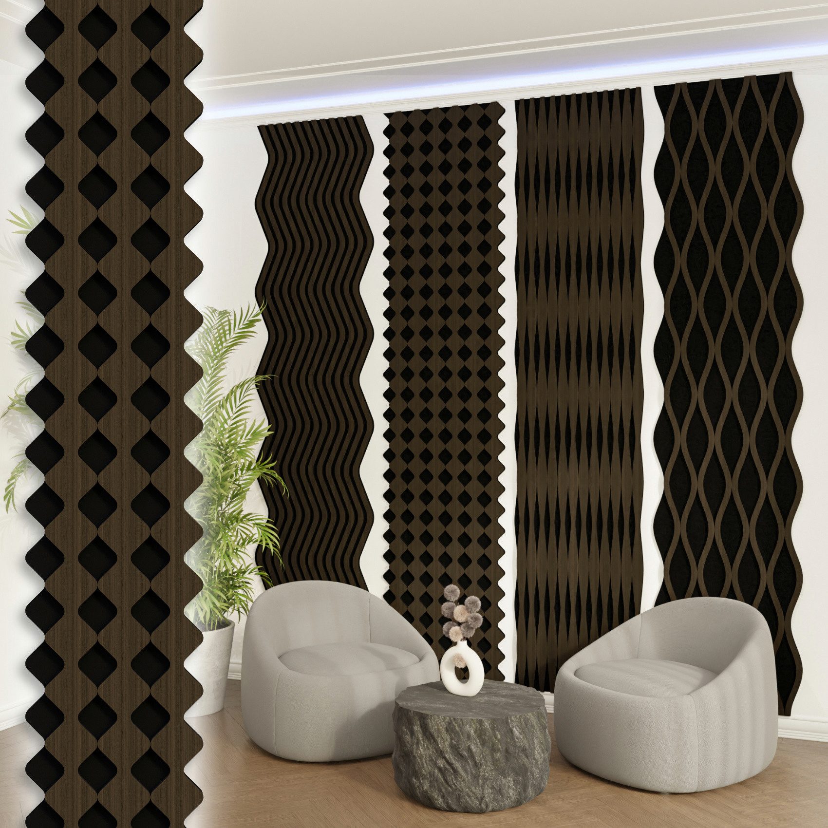 AKUSTIKO Wanddekoobjekt Diamond (Akustikpaneele Shaped 1 Stück 280x34cm Holz MDF - XXL Wandpaneele Platten Lamellen Holzpaneele Echtholzfurnier 21mm Filz Schalldämmung MDF Schwarz (0,95m² Diamond)