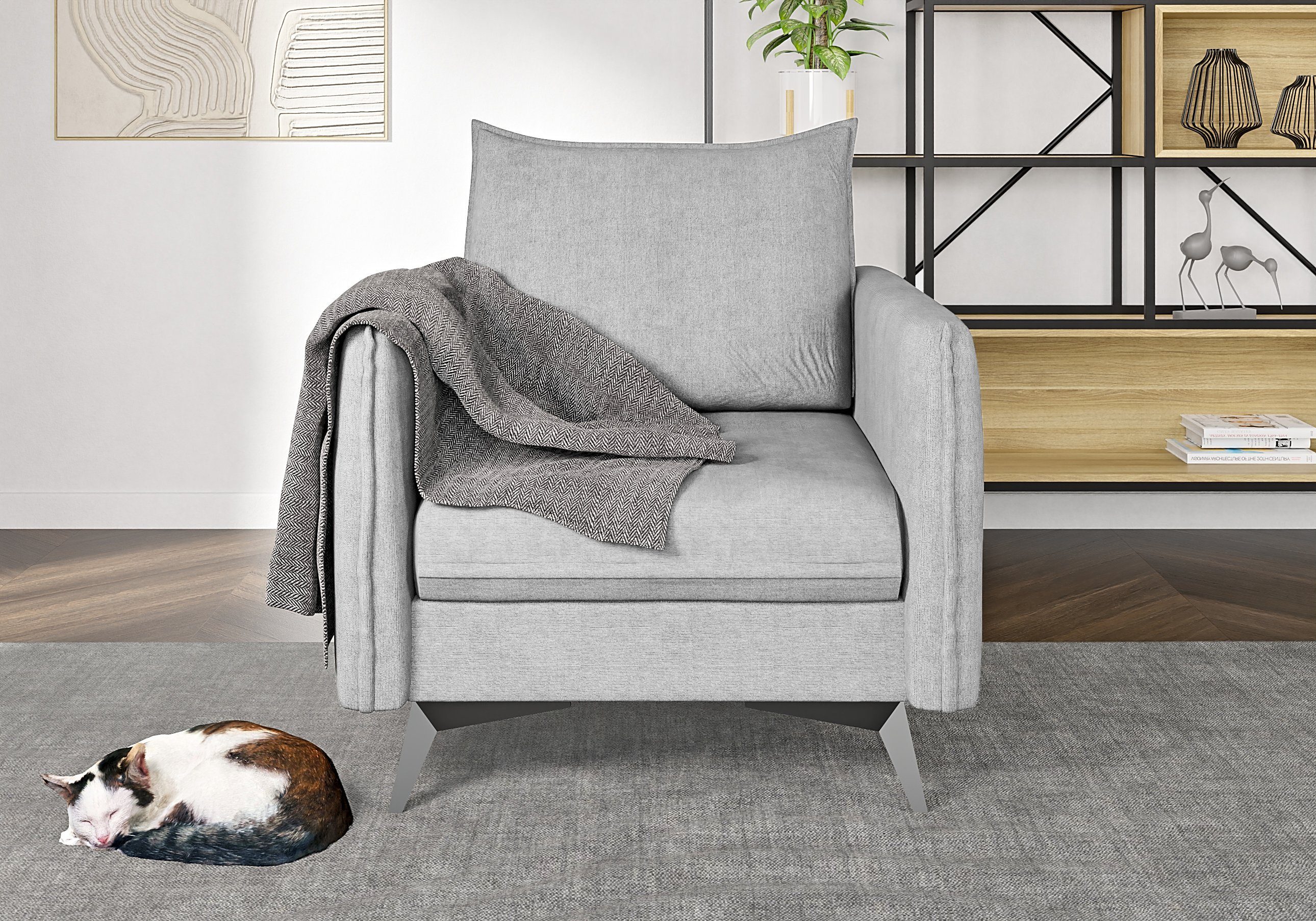 S-Style Möbel Sessel Wellenfederung mit Modernes mit Metall Füßen, Azalea Silber Schwarz