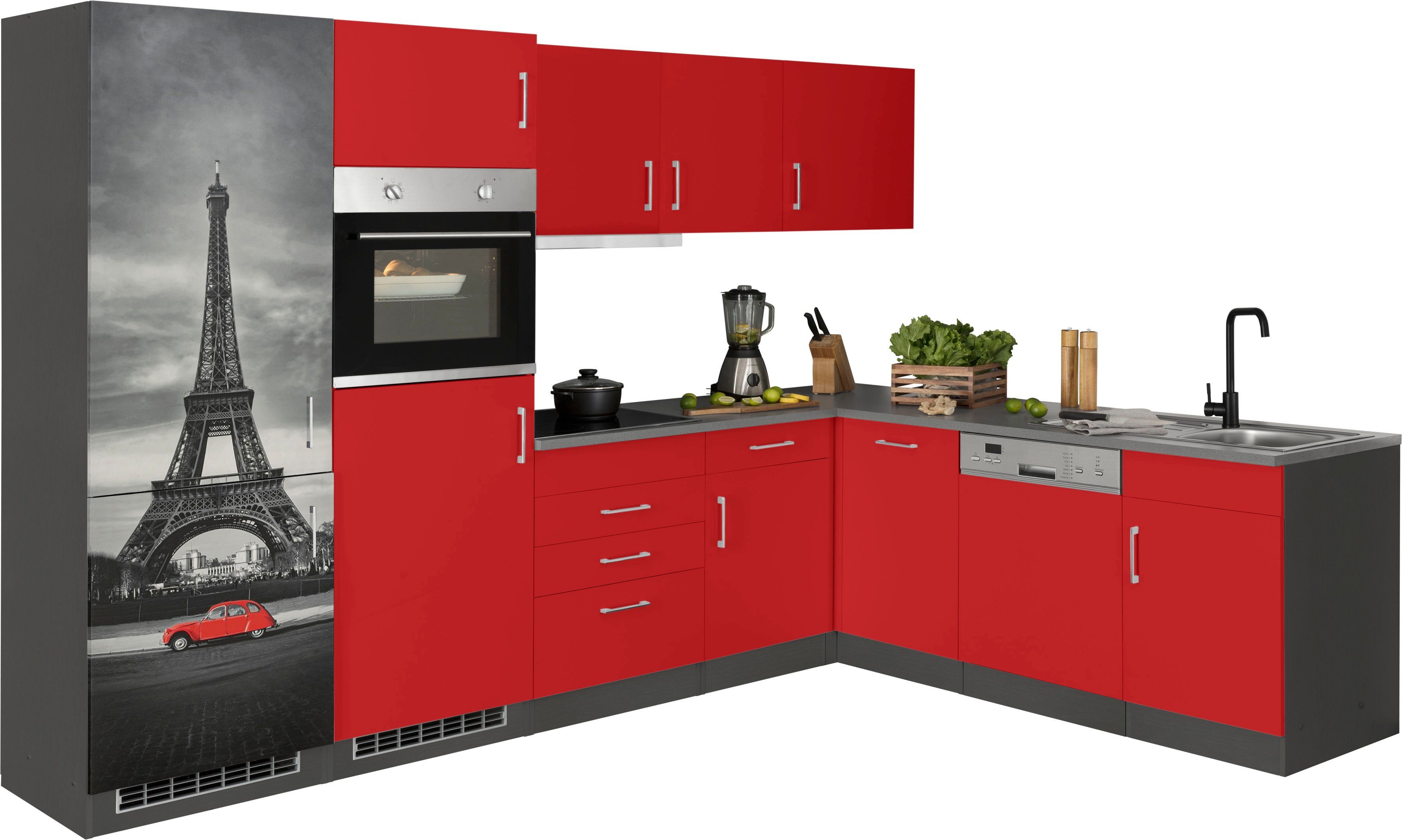 KOCHSTATION Küchenzeile KS-Paris – Küchen mit einzigartigen Fotomotiven auf den Fronten, Stellbreite 290/220 cm, wahlweise mit E-Geräten und Induktion