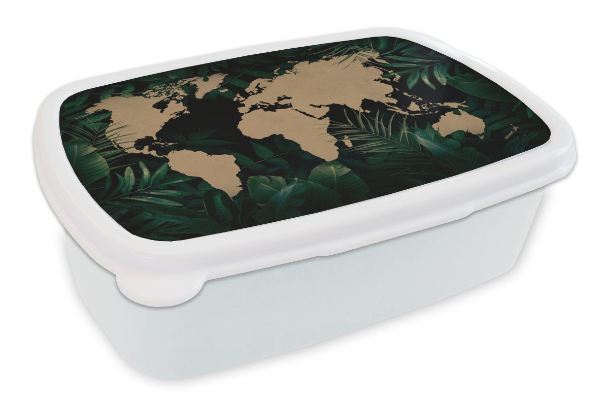 MuchoWow Lunchbox Weltkarte - Pflanzen - Tropische Pflanzen, Kunststoff, (2-tlg), Brotbox für Kinder und Erwachsene, Brotdose, für Jungs und Mädchen weiß